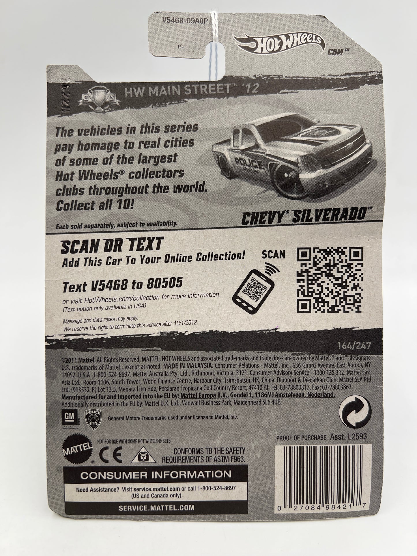 2012 Hot Wheels Main Street #164 Chevy Silverado White Police Card/Blister Not Perfect