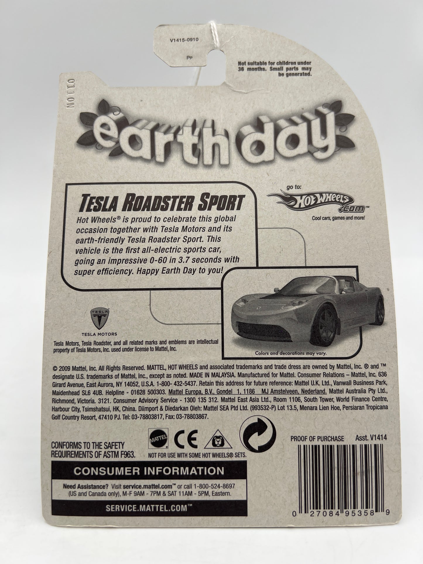 2010 Hot Wheels Earth Day Tesla Roadster Sport Green SR