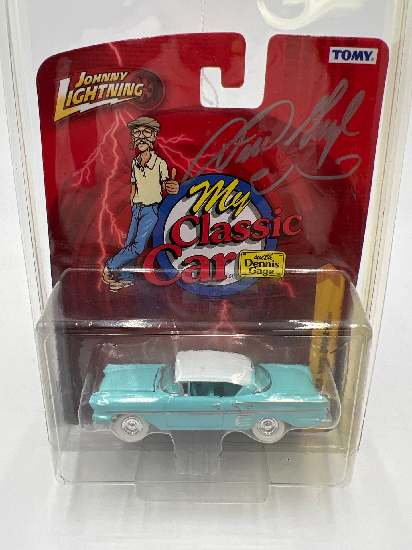 Johnny Lightning SIGNED My Classic Car JL25 1958 Chevy Impala SS Light Blue White Lightning Chase W/Protector VHTF