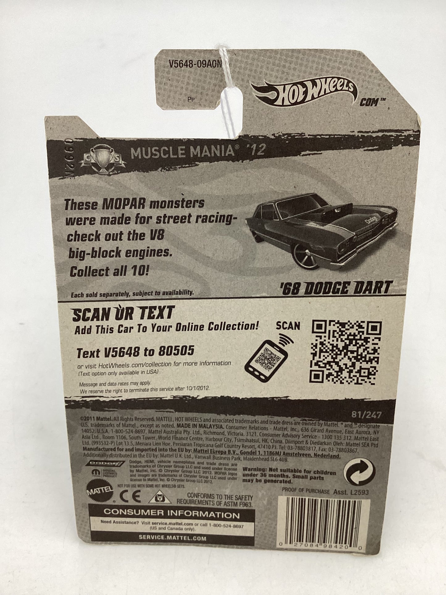 2012 Hot Wheels Muscle Mania Mopar #81 68 Dodge Dart Walmart Exclusive 237F