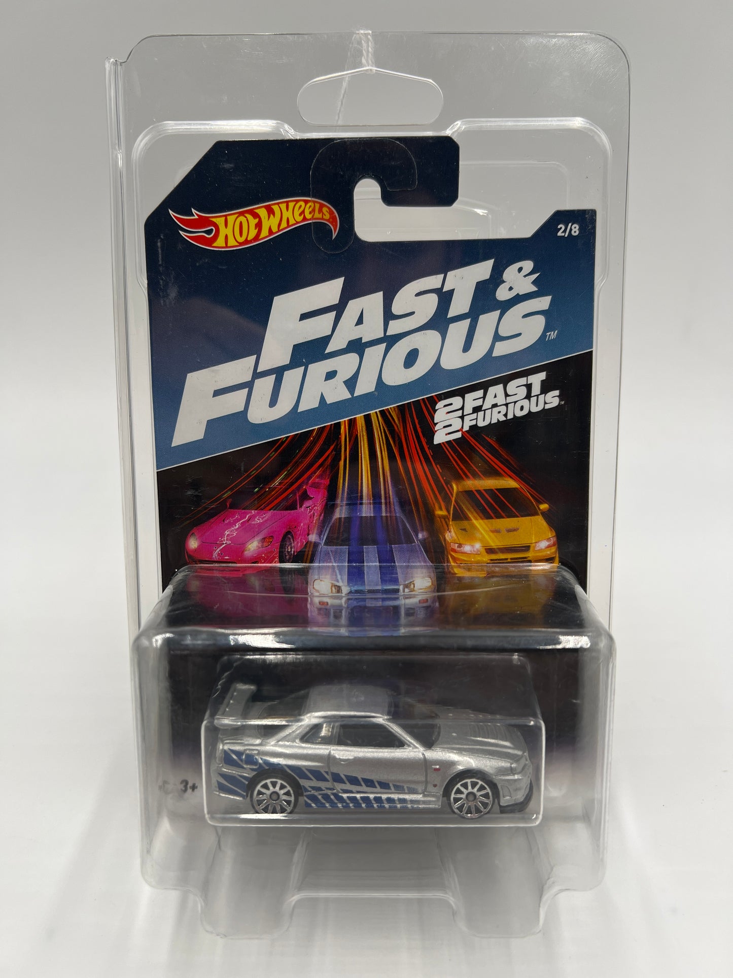 2016 Hot Wheels Fast & Furious #2 Nissan Skyline GT-R R34 Silver W/Protector Cracked Blister
