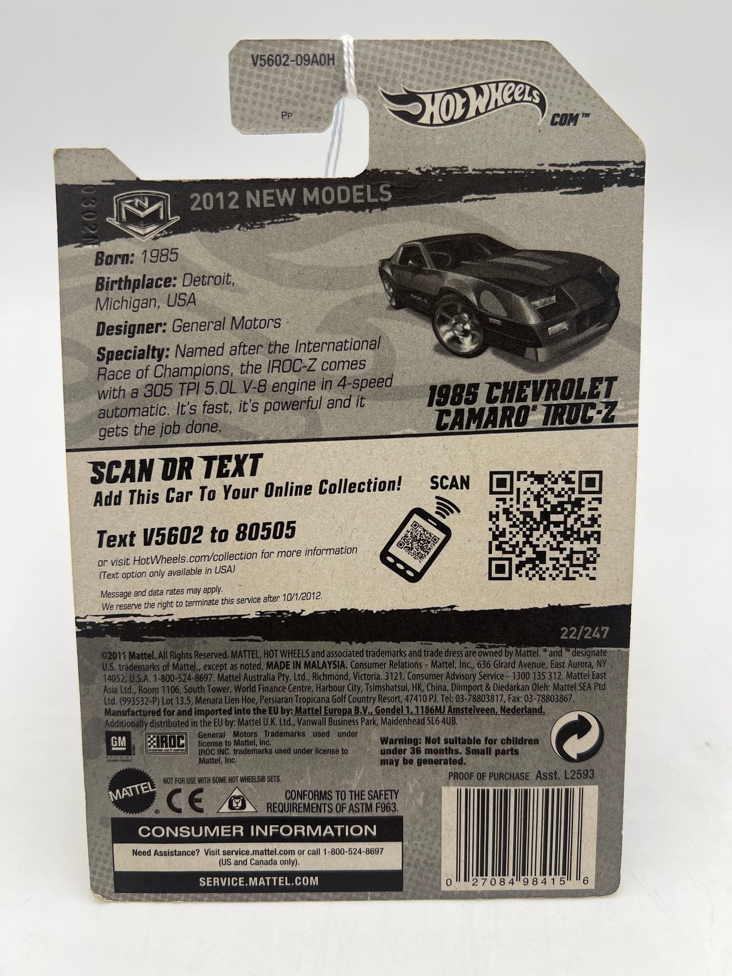 2012 Hot Wheels New Models #22 1985 Chevrolet Camaro IROC-Z Black 6C