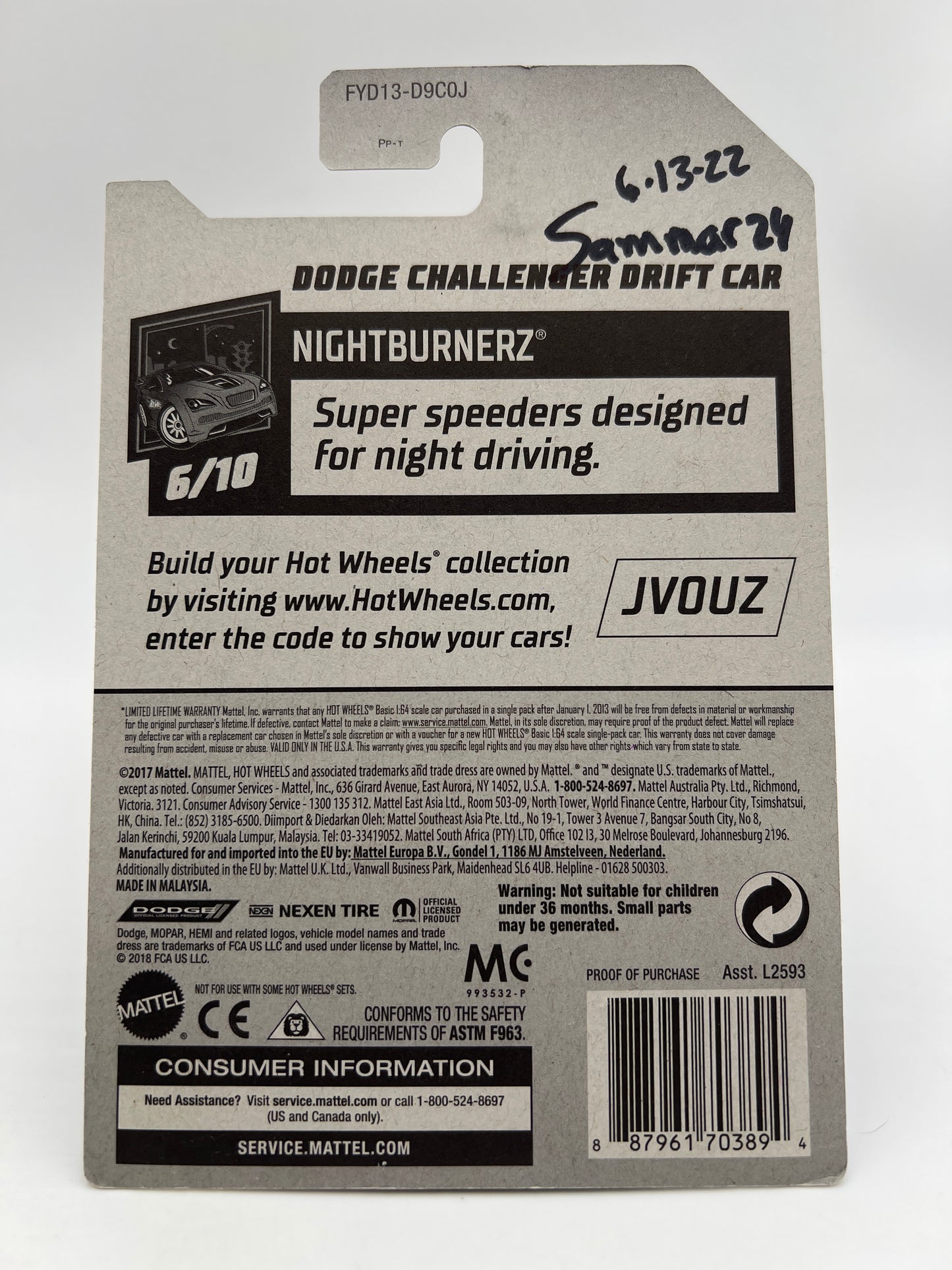 Hot Wheels Dodge Challenger Drift Car Purple Wheel Swap Custom On Card W/Protector SR