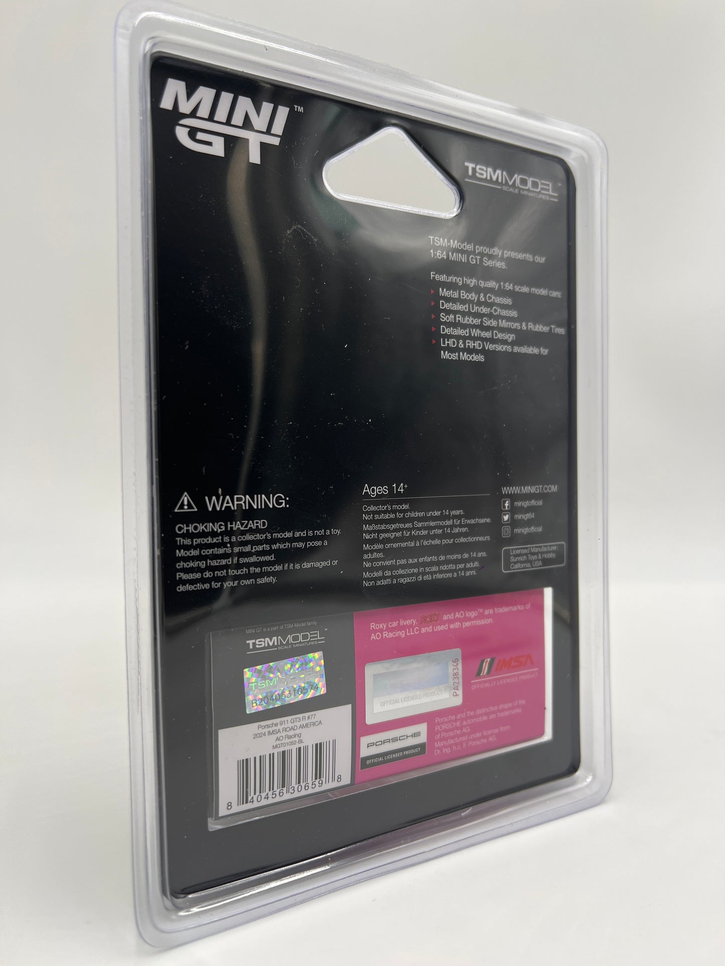 Mini GT #1052 Porsche 911 GT3 R Roxy #77 2024 IMSA Road America AO Racing Pink