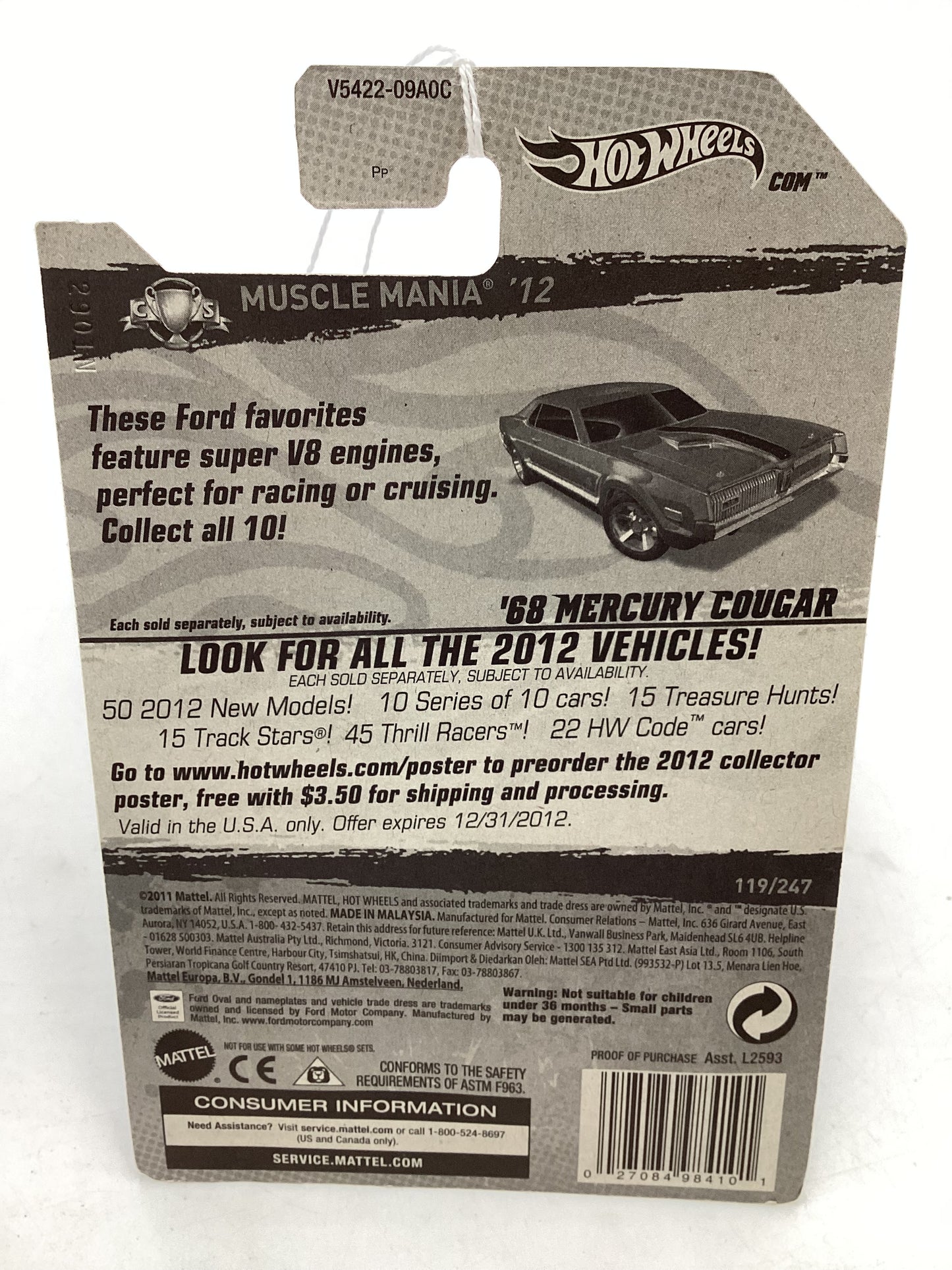 2012 Hot Wheels Muscle Mania Ford #119 68 Mercury Cougar Blue (MC5 Wheels) 40D