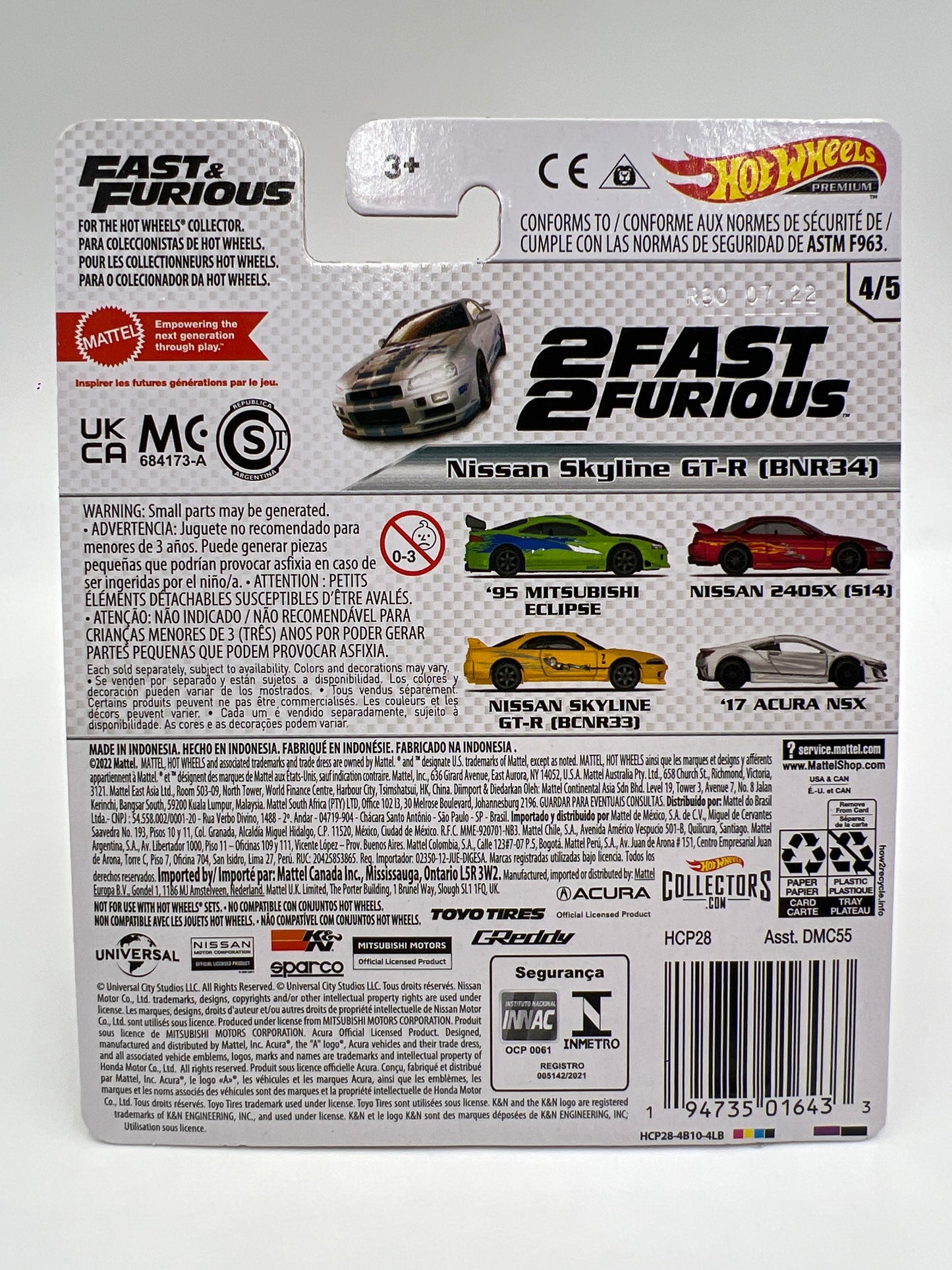 Hot Wheels Premium Fast & Furious #4 Nissan Skyline GT-R BNR34 Silver/Blue W/Protector