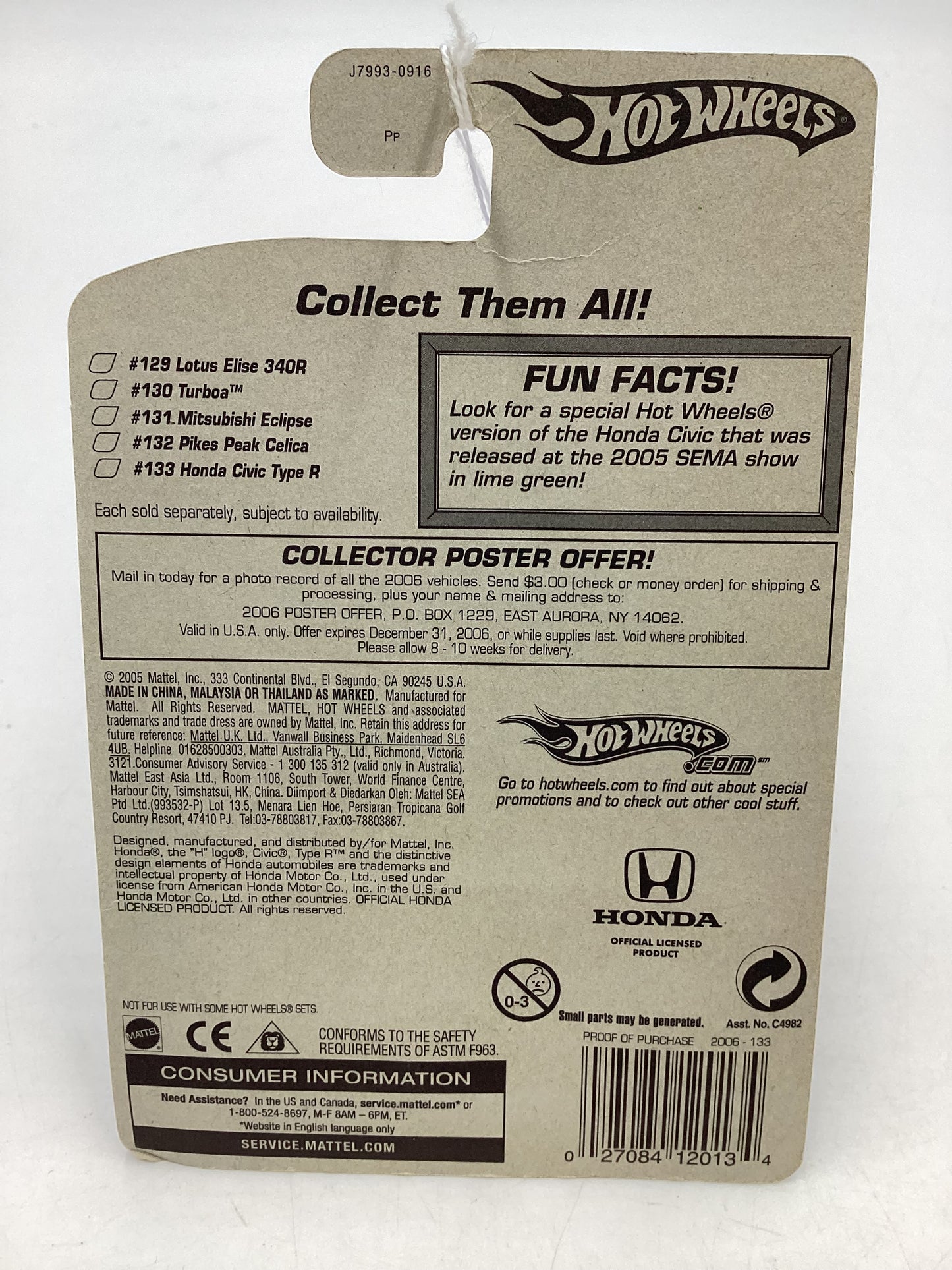 2006 Hot wheels #133 White Honda Civic Type R 78A