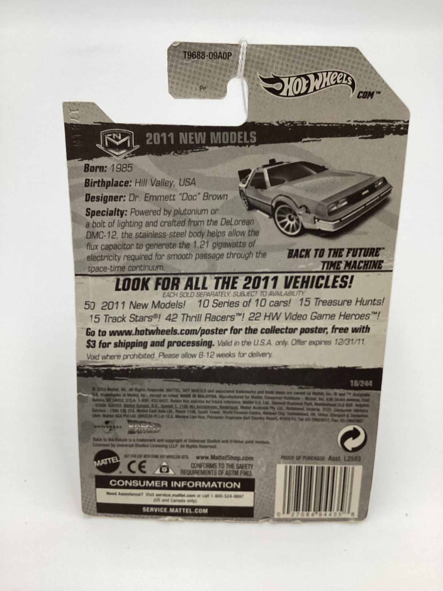 2011 Hot Wheels Back to the Future Time Machine Silver * Bad Card*