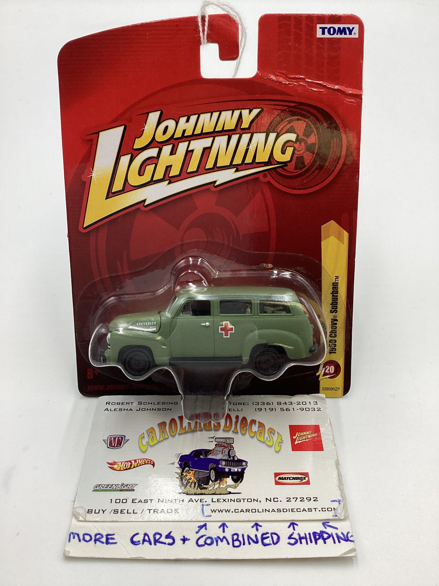 Johnny lightning Tomy #20 Chevy 1950 Chevy Suburban Army Green Vein Top Right 227H