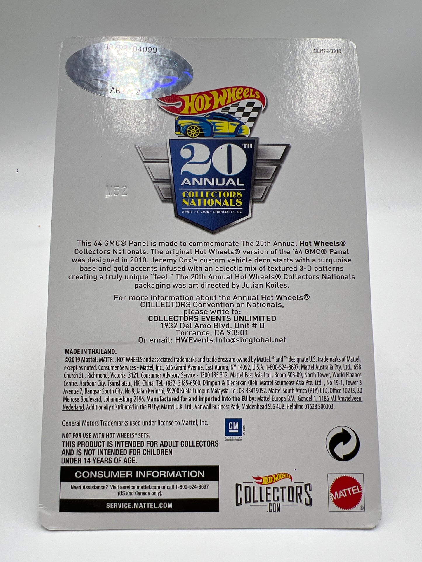 2020 Hot Wheels 20th Annual Collector Nationals 64 GMC Panel Truck 3792/4000 W/Protector