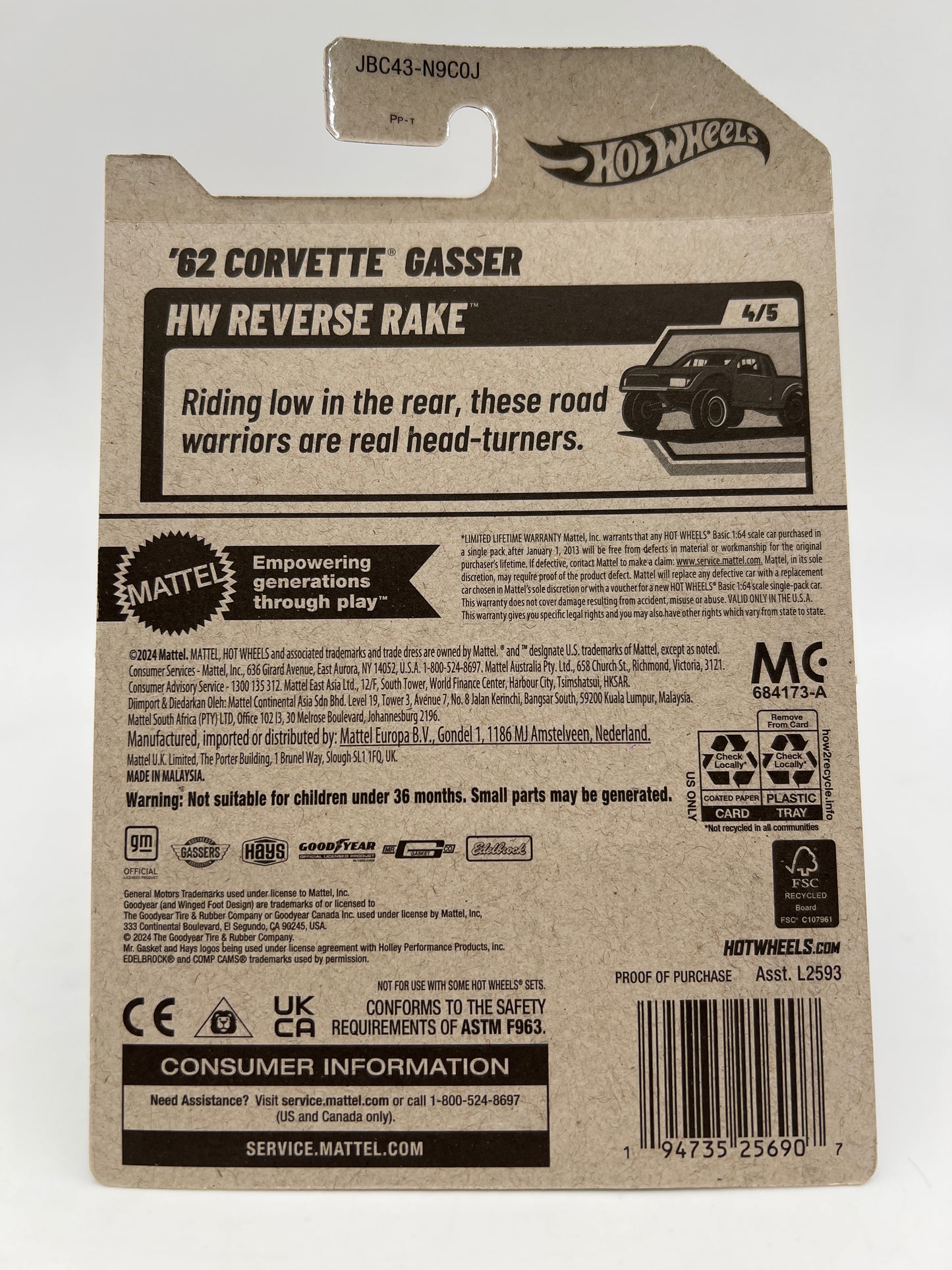 2025 Hot Wheels J Case Super Treasure Hunt #182 62 Corvette Gasser W/Protector