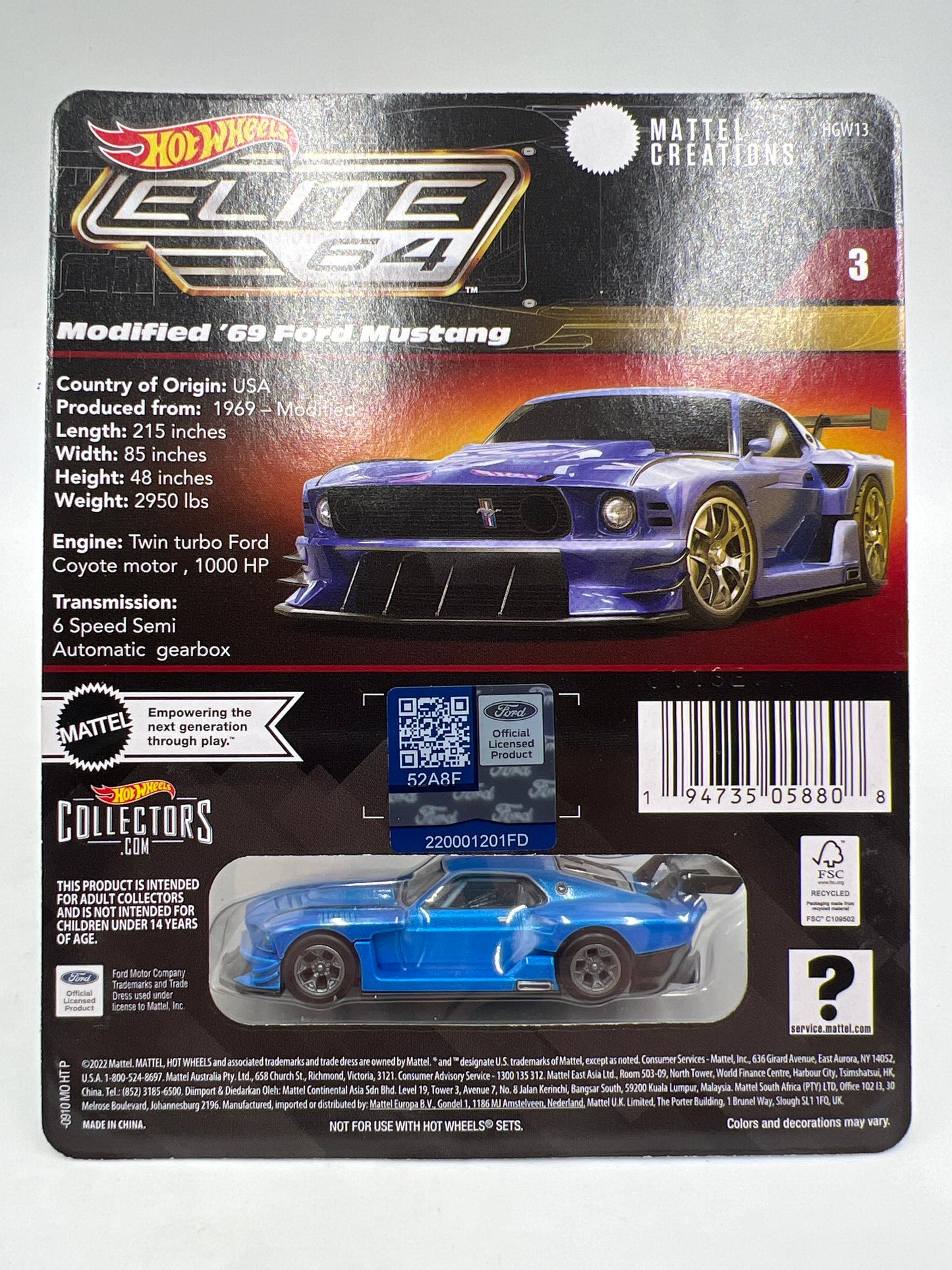 Hot Wheels RLC Elite 64 #3 Modified 69 Ford Mustang Blue W/Protector