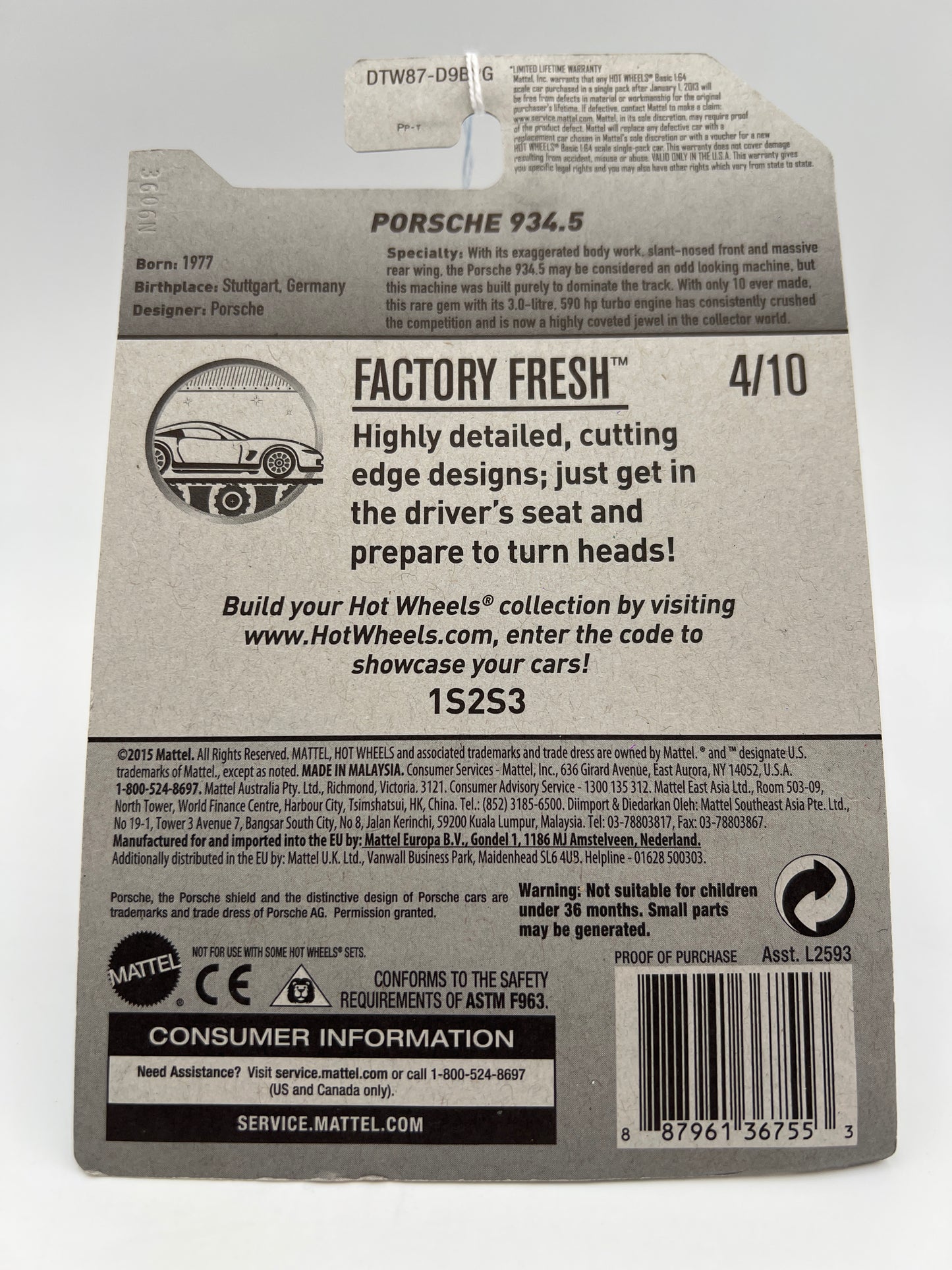 2017 Hot Wheels Factory Fresh #153 Porsche 934.5 White 100C