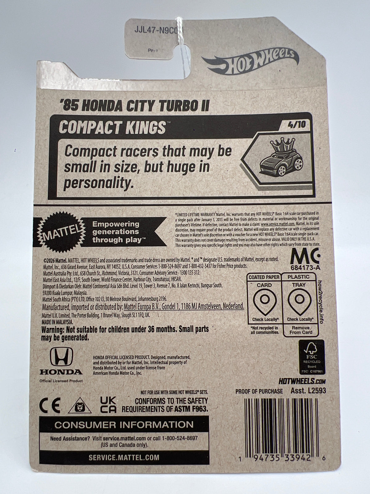 2026 Hot Wheels P Case #105 85 Honda City Turbo II White