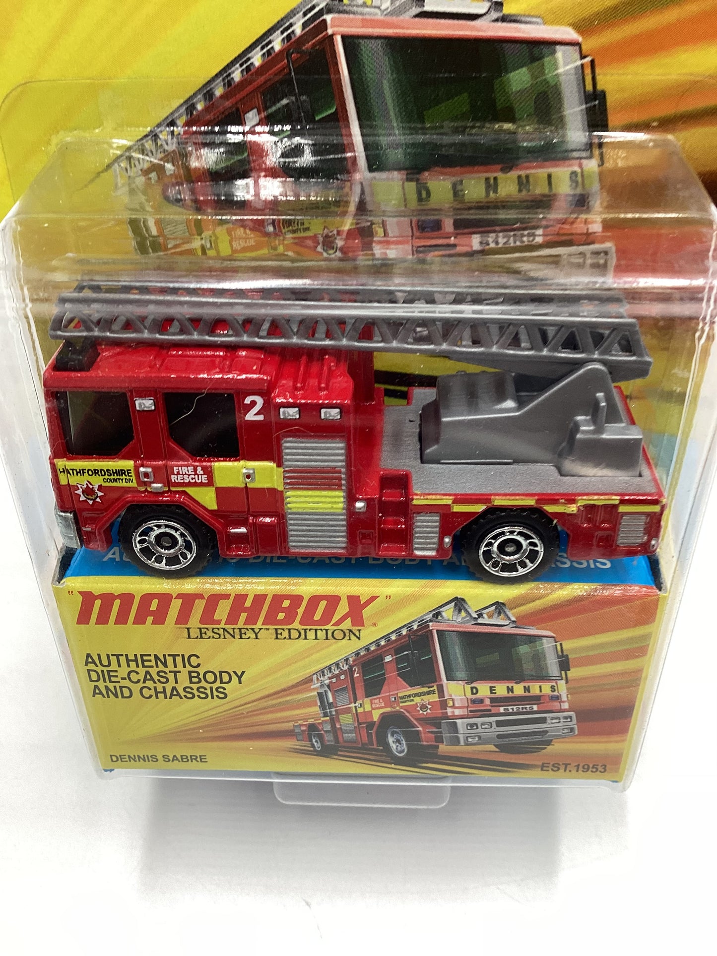 Matchbox Lesley Edition Dennis Sabre Fire Engine Red Back of Card Damage 169H