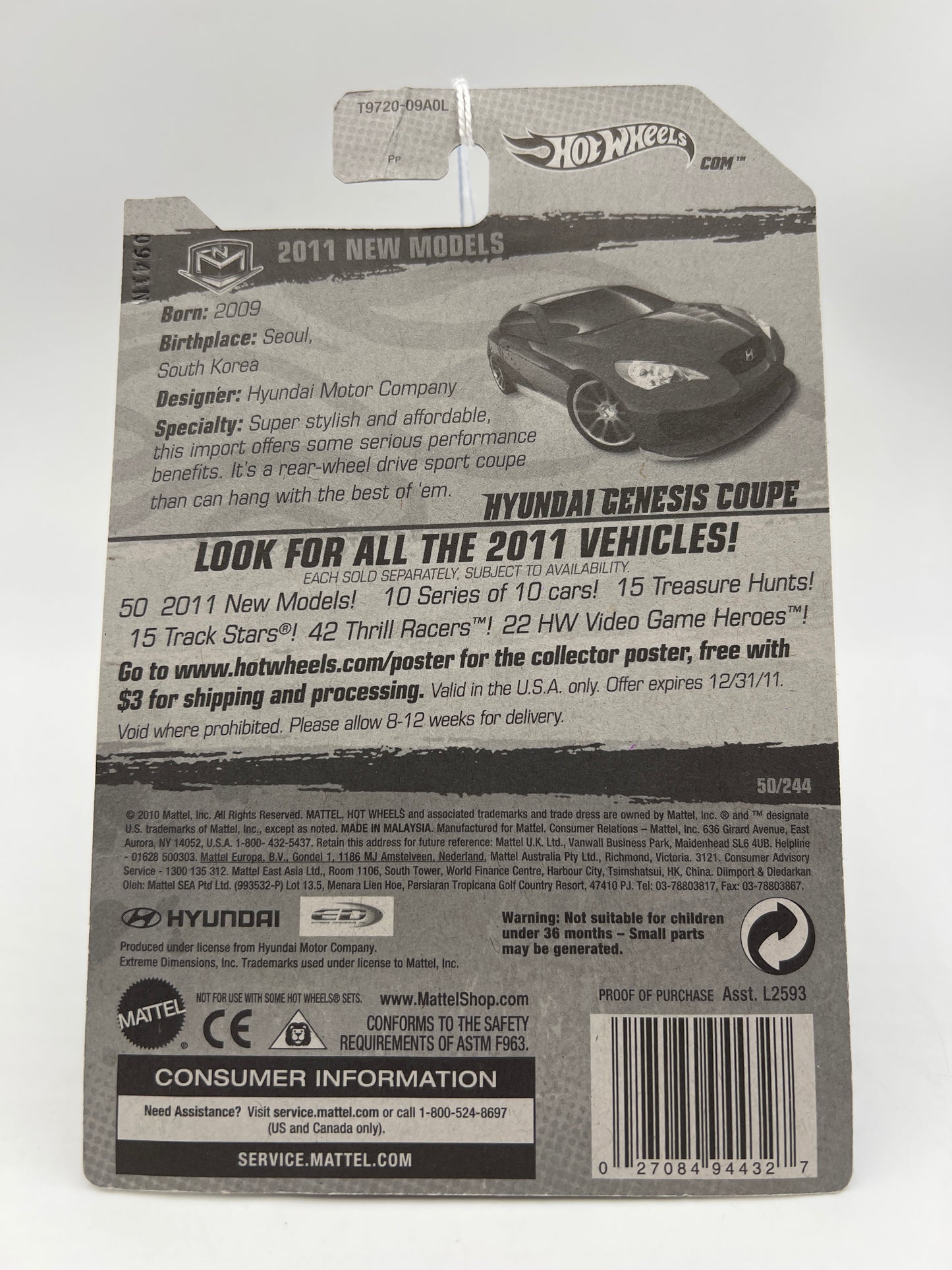 2011 Hot Wheels New Models #50 Hyundai Genesis Coupe Blue Bad J Hook SR