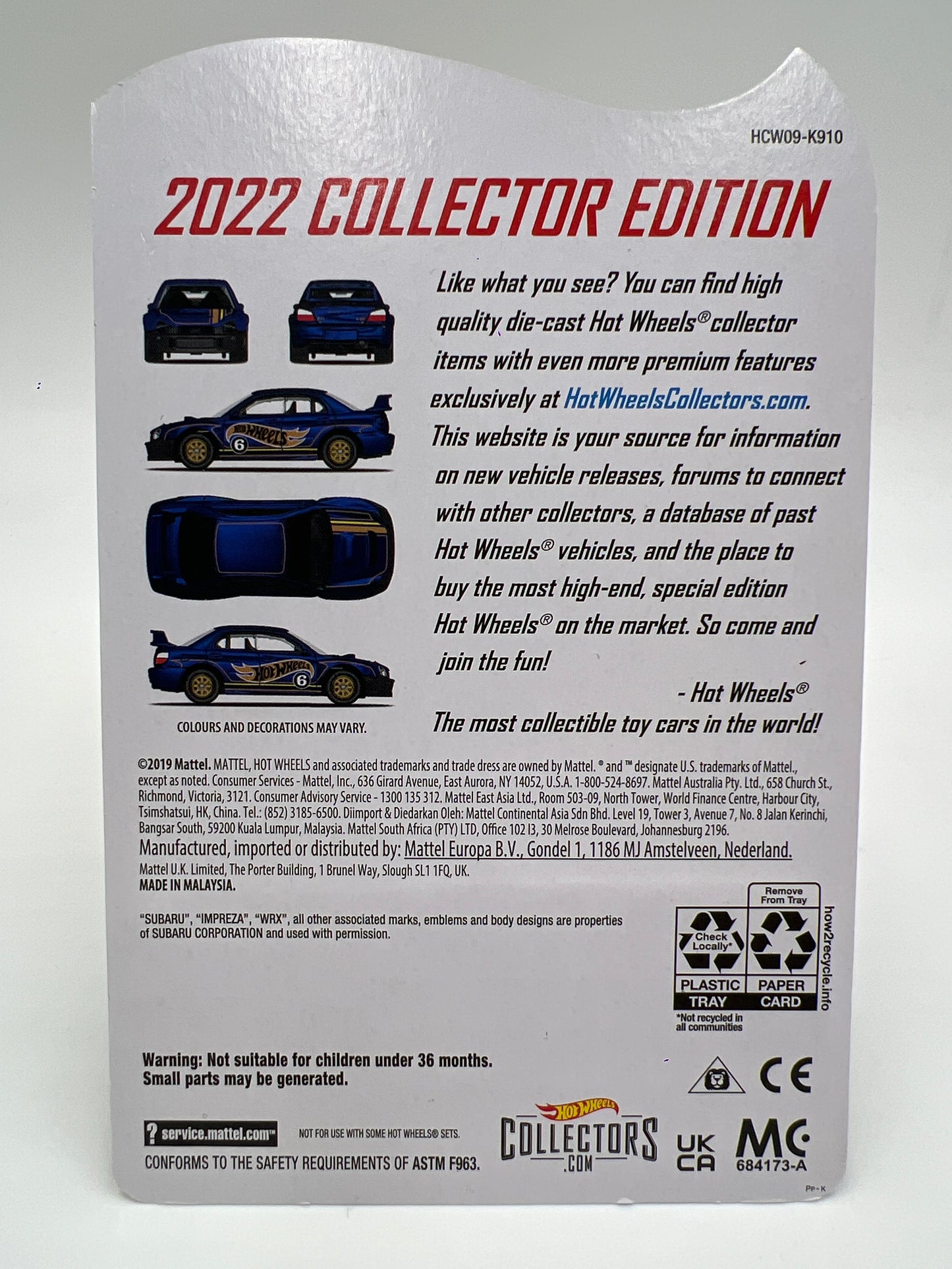 2022 Hot Wheels Collector Edition Mail In #6 Subaru Impreza WRX Blue W/Protector
