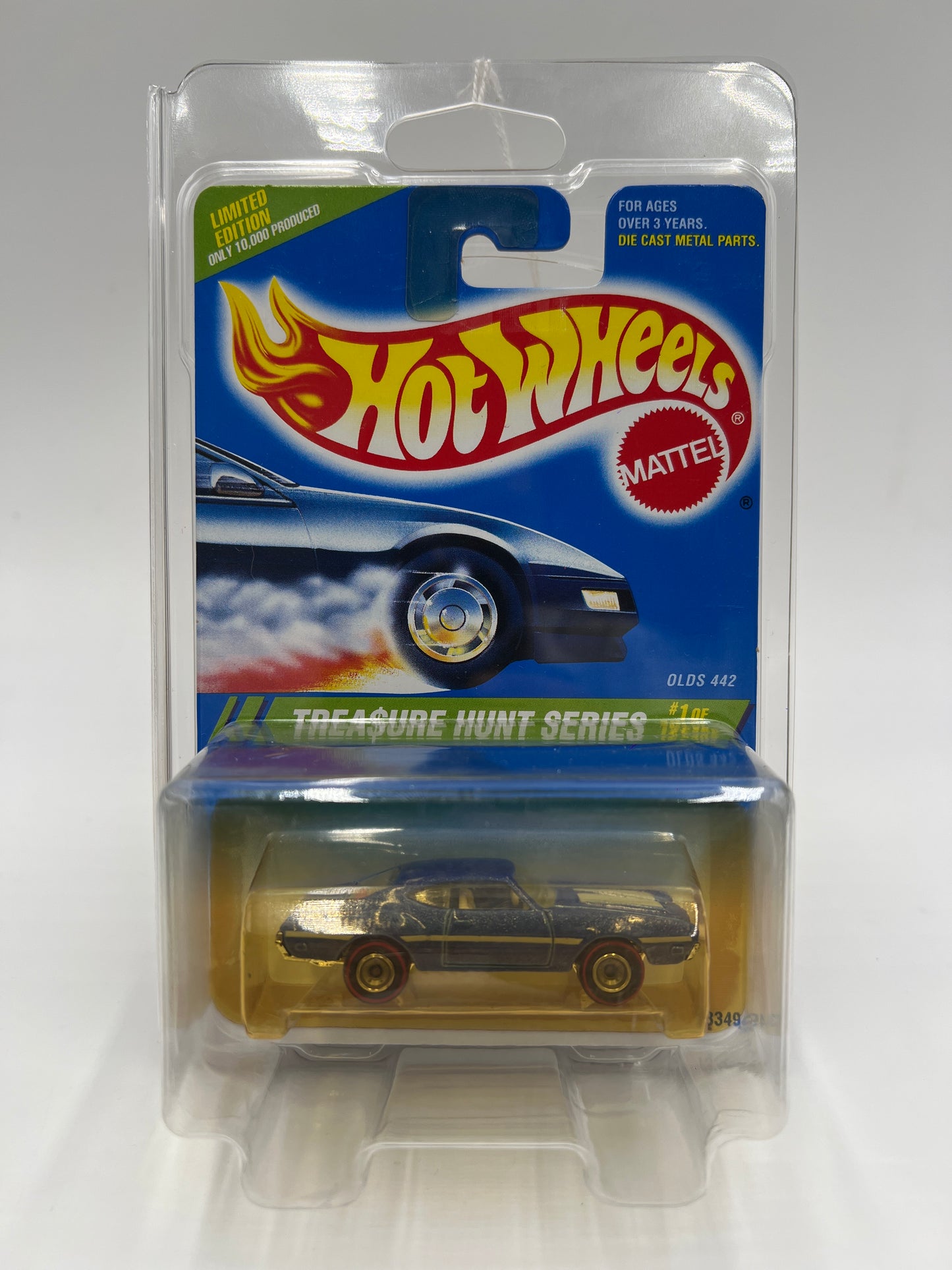 1995 Hot Wheels Treasure Hunt Series #1 Real Riders Olds 442 Blue W/Protector Blister Yellowed