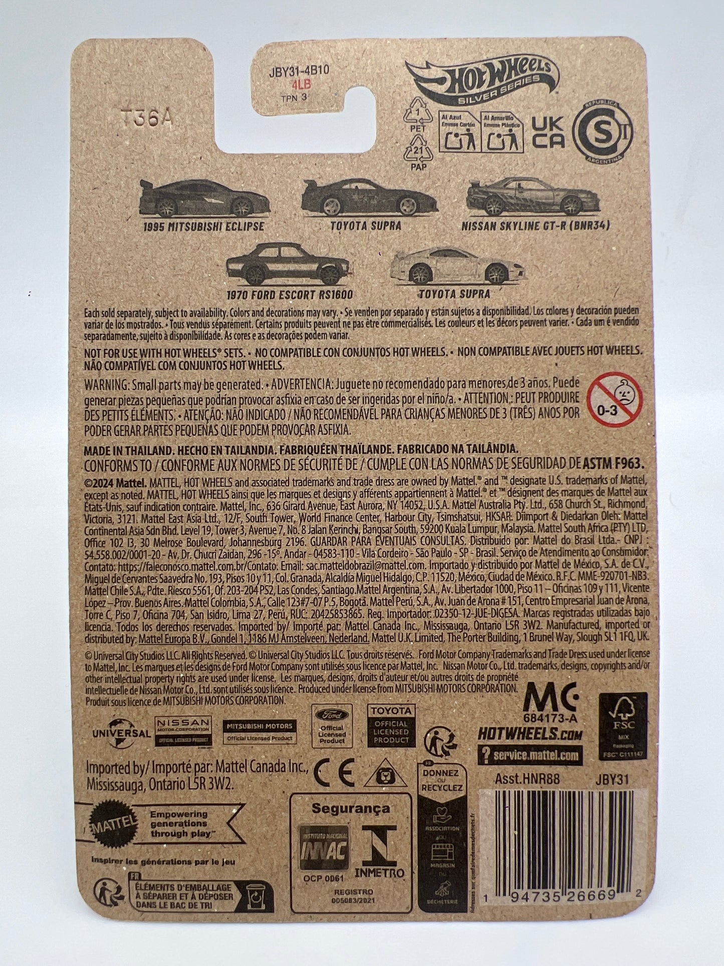 Hot Wheels Fast & Furious Brian O Conner #3 Nissan Skyline GT-R BNR34 Silver W/Protector