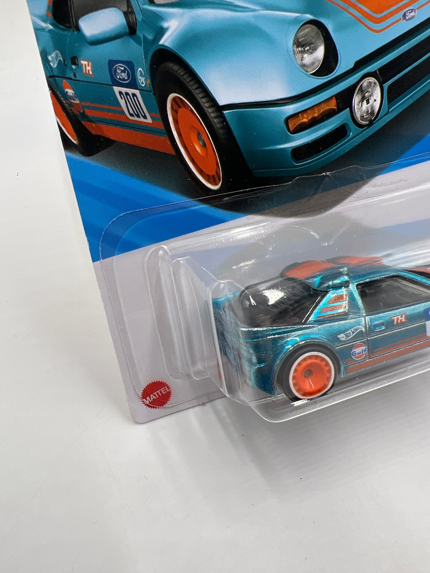 2025 Hot Wheels Q Case Super Treasure Hunt #247 Ford RS200 Gulf Blue W/Protector Intl Card 1