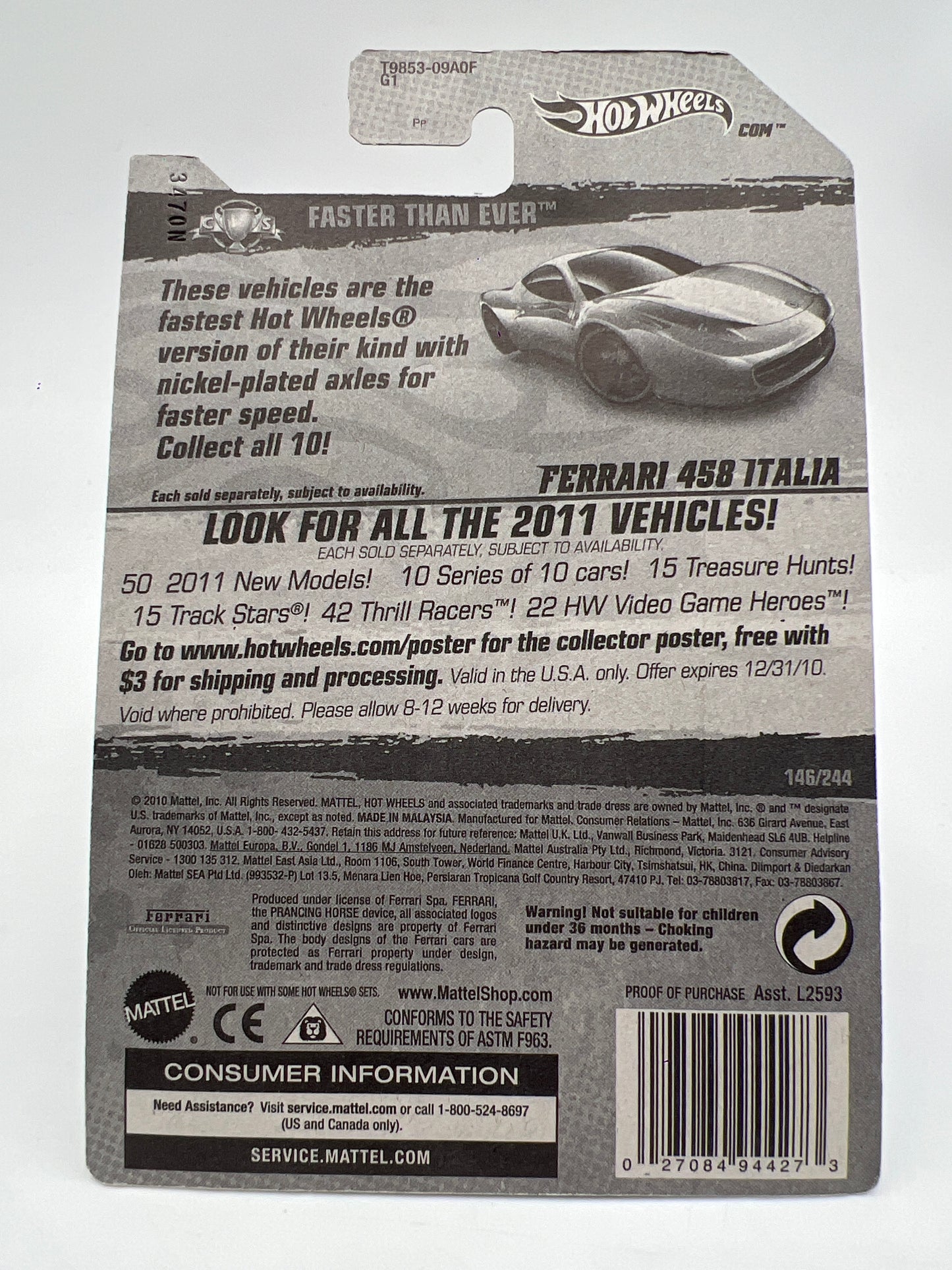 2011 Hot Wheels Faster Than Ever #146 Ferrari 458 Italia Metallic Silver W/Protector