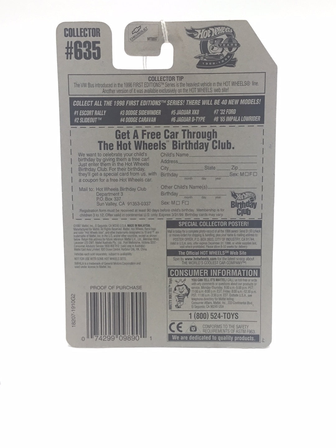 1998 hot wheels #635 65 Impala lowrider 16D