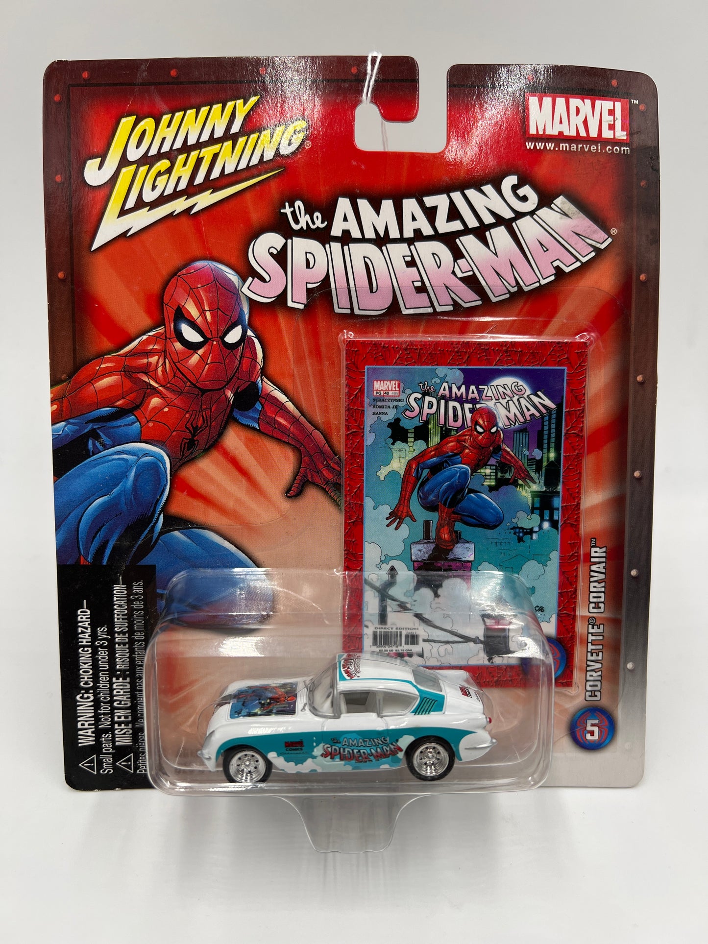 Johnny Lightning White Lightning Chase Marvel Spider-Man #5 Corvette Corvair White/Blue
