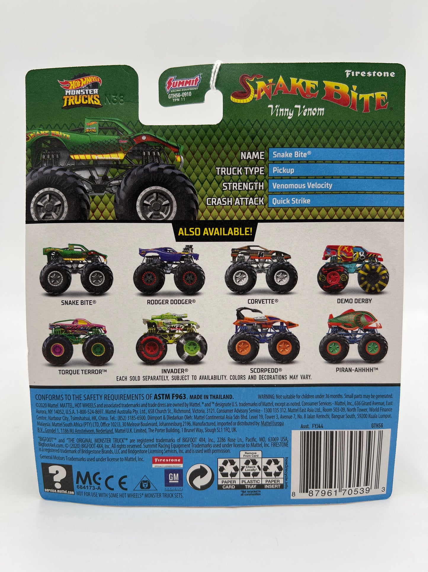 Hot Wheels Monster Trucks Fan Favorites #1 Snake Bite Vinny Venom Cracked Blister 127F