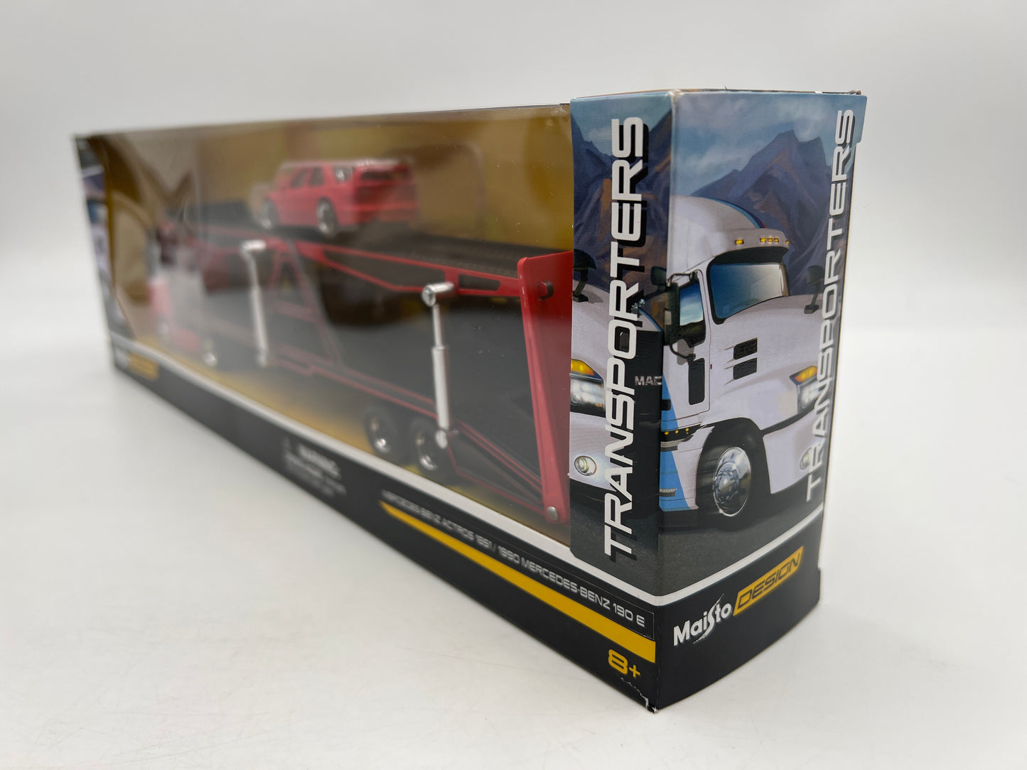 Maisto Design 1/64 Mijo Exclusives Transporters Mercedes-Benz Actros 1851 & 1990 Mercedes-Benz 190 E Red