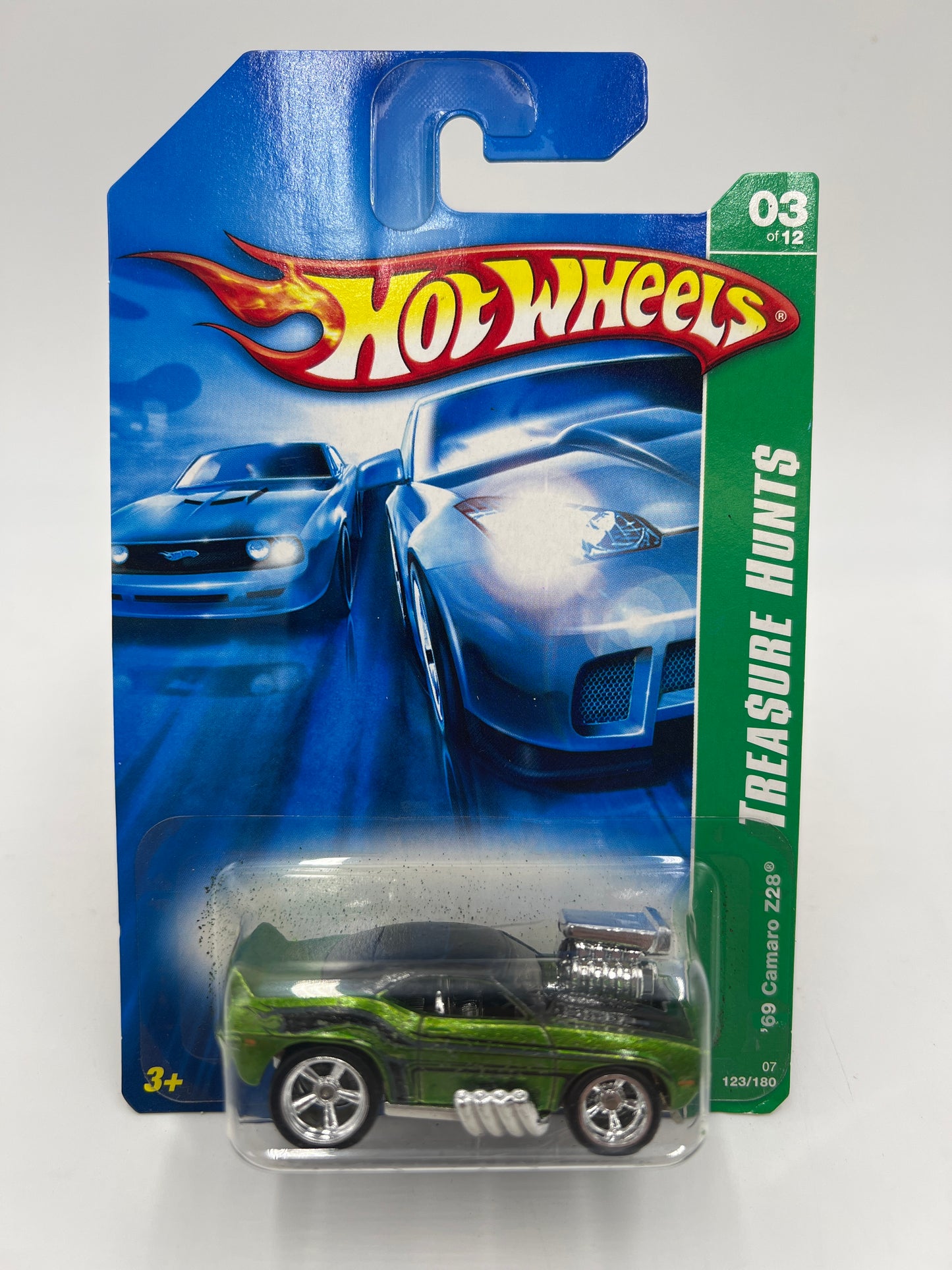 2007 Hot Wheels Super Treasure Hunt #123 69 Camaro Z28 Tooned Green W/ Protector *Cracked Blister & Flaking*