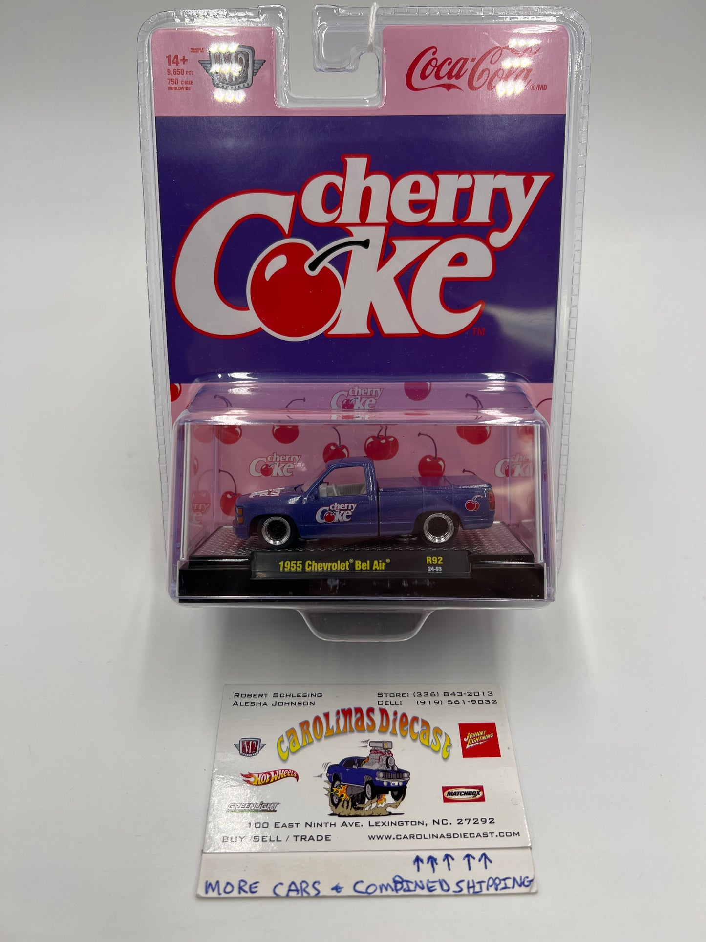 2024 M2 Machines Cherry Coke 1988 GMC Sierra 1500 Custom Purple Base Error (1955 Chevrolet Bel Air)