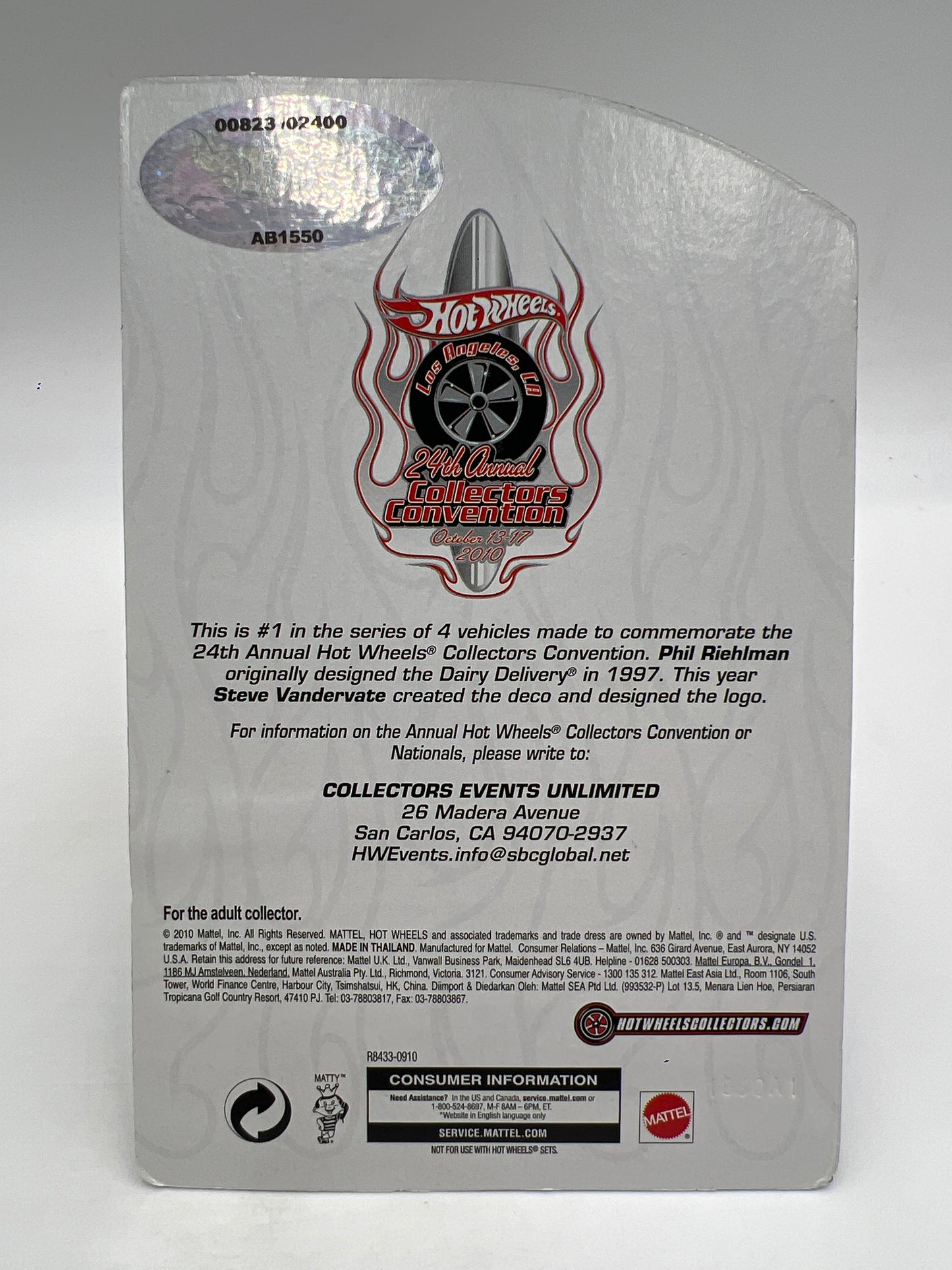 2010 Hot Wheels 24th Annual Collectors Convention LA #823/2400 Dairy Delivery W/Protector