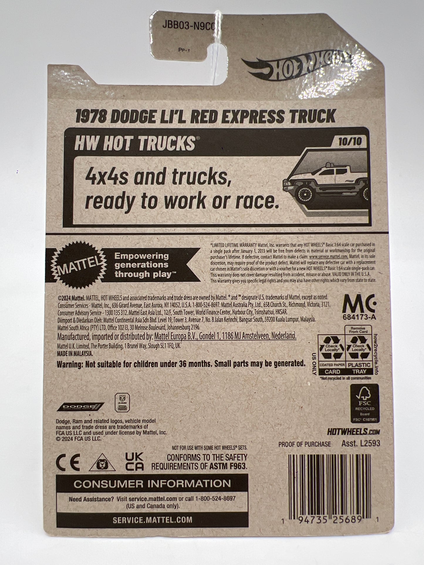 2025 Hot Wheels H Case HW Hot Trucks #173 1978 Dodge Lil Red Express Truck White 40B