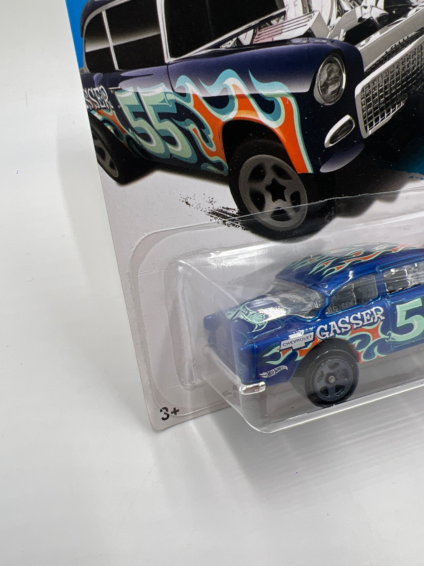 2017 Hot Wheels Flames #109 1955 Chevy Bel Air Gasser Blue Card Not Perfect 9D