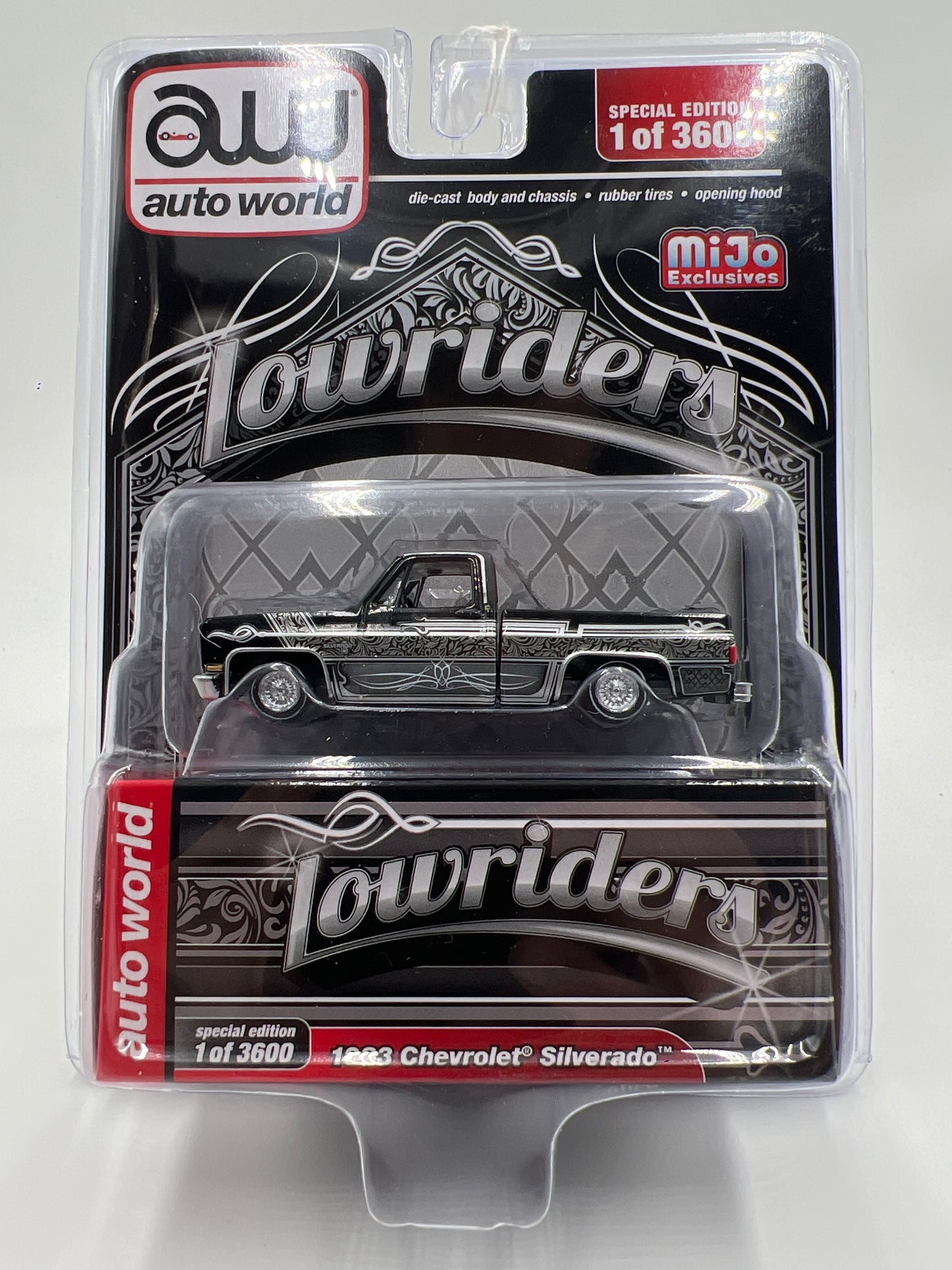 Auto World Mijo Exclusives Lowriders 1/3600 1983 Chevrolet Silverado Black/Silver 181B