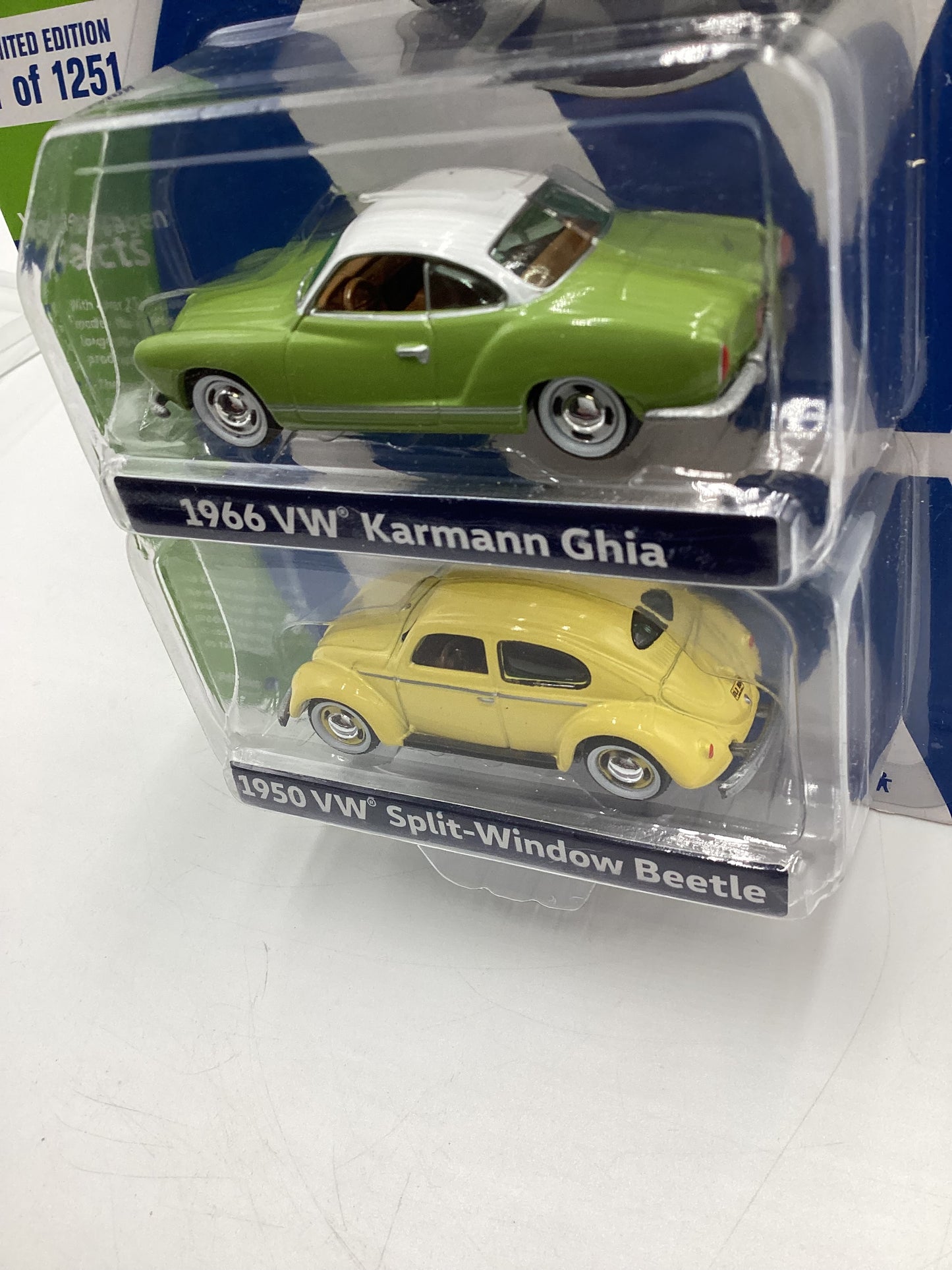 Johnny Lightning 2 Pack 1/1251 1966 VW Karmann Ghia Green 1950 VW Split Window Beetle Yellow with protector