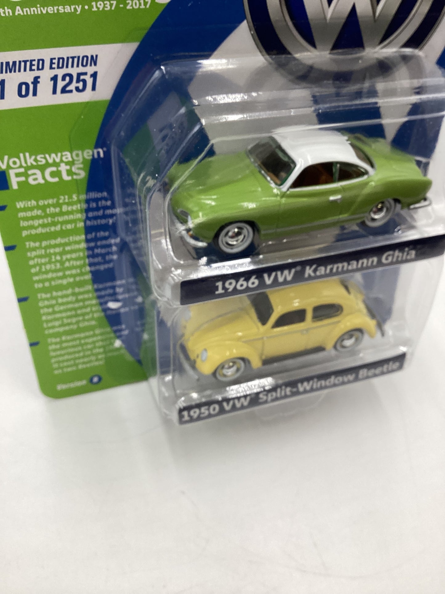 Johnny Lightning 2 Pack 1/1251 1966 VW Karmann Ghia Green 1950 VW Split Window Beetle Yellow with protector