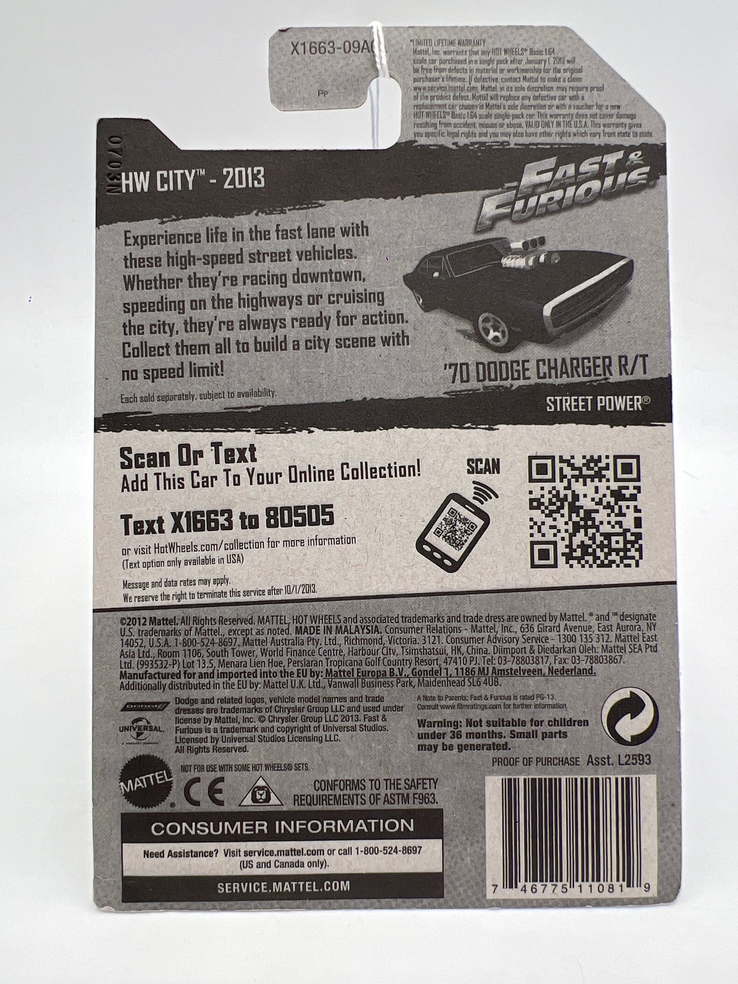 2013 Hot Wheels City #3 Fast & Furious 70 Dodge Charger R/T Black