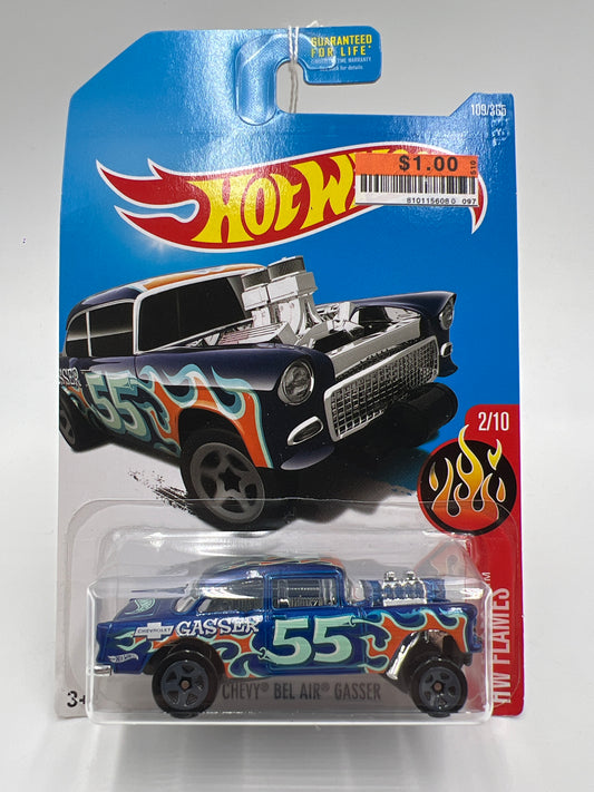 2017 Hot Wheels Flames #109 1955 Chevy Bel Air Gasser Blue Card Not Perfect 9D