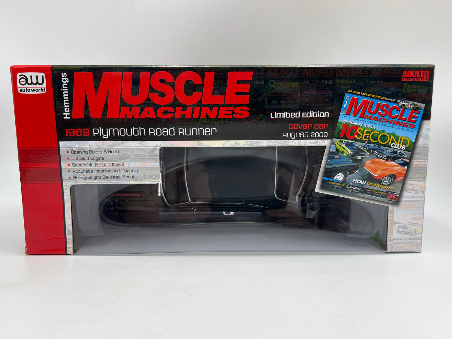 Auto World 1:18 Scale Hemmings Muscle Machines 1969 Plymouth Road Runner 426 Black VHTF