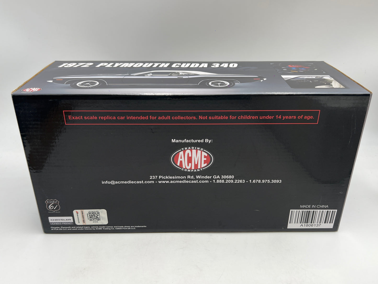 Acme 1:18 Scale #196 Of Only 490 Made 1972 Plymouth Cuda 340 Black/White W/Box VHTF
