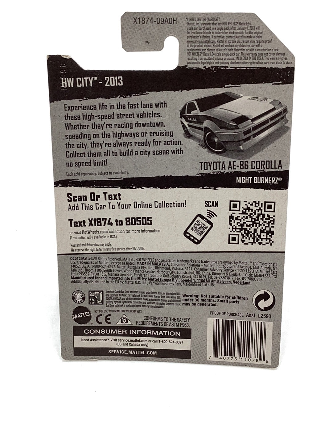 2013 hot wheels #23 Toyota AE 86 Corolla with protector