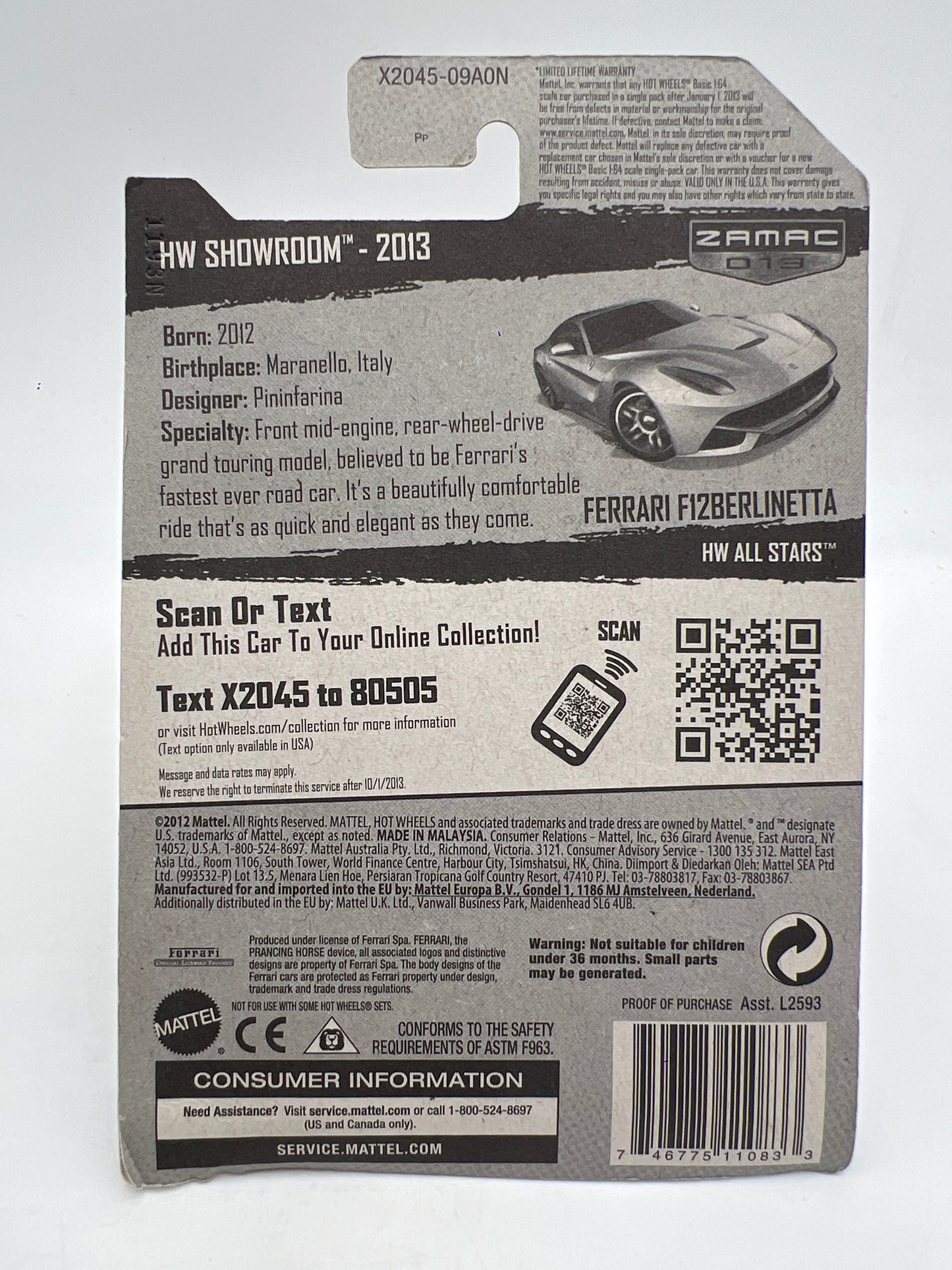 2013 Hot Wheels Walmart Exclusive Zamac 13 #174 Ferrari F12 Berlinetta W/Protector