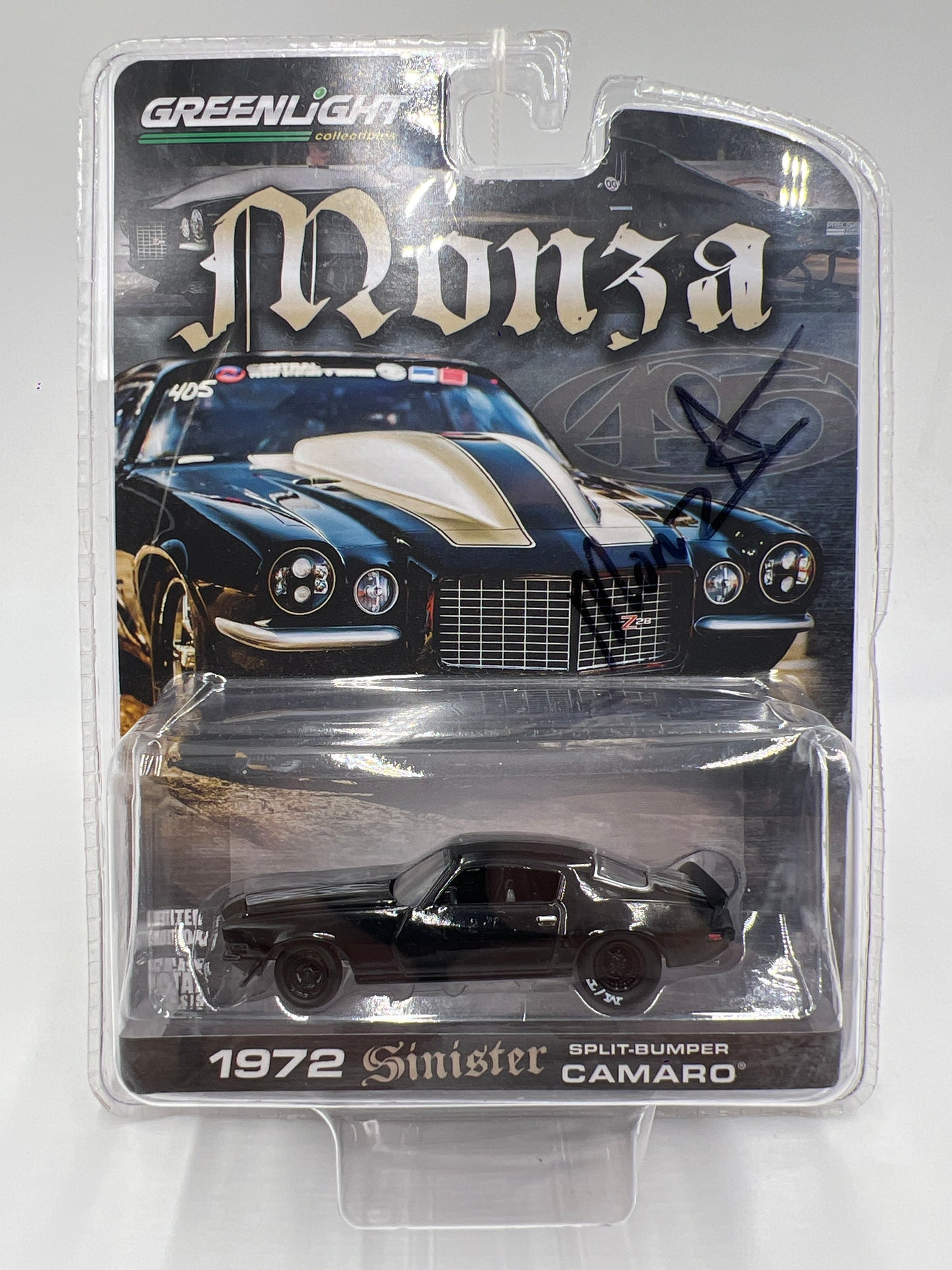Greenlight Street Outlaws Monza SIGNED 1972 Sinister Split Bumper Camaro Black