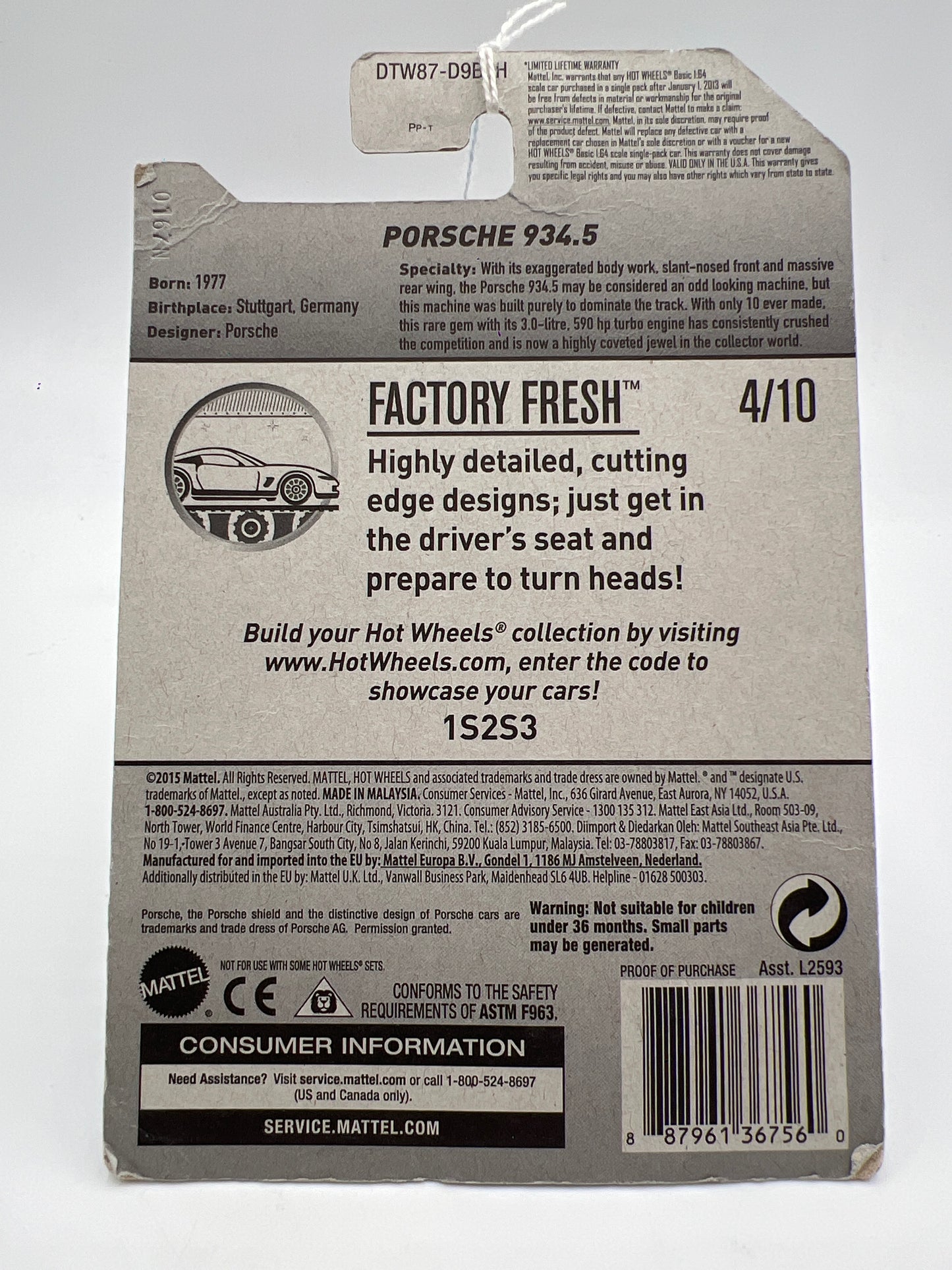 2017 Hot Wheels Factory Fresh #153 Porsche 934.5 White (Sticker On Card) 98B