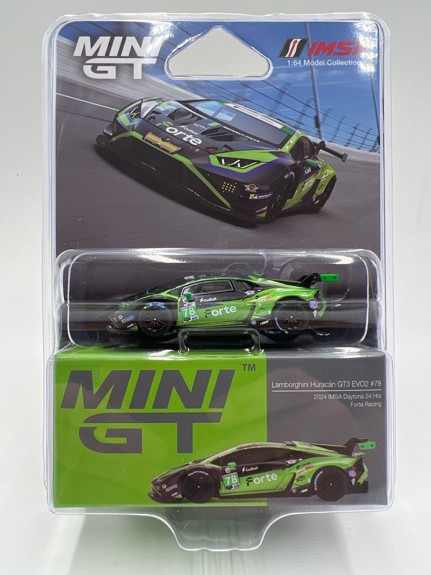 Mini GT #1062 Lamborghini Huracan GT3 EVO2 #78 2024 IMSA Daytona 24 Hrs Forte Racing Green