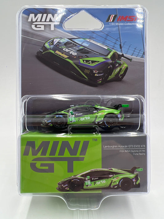 Mini GT #1062 Lamborghini Huracan GT3 EVO2 #78 2024 IMSA Daytona 24 Hrs Forte Racing Green
