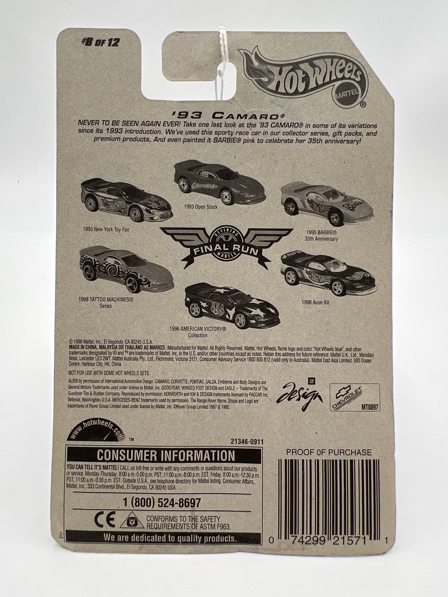 1999 Hot Wheels Final Run Series #8 93 Camaro Silver Real Riders 236D