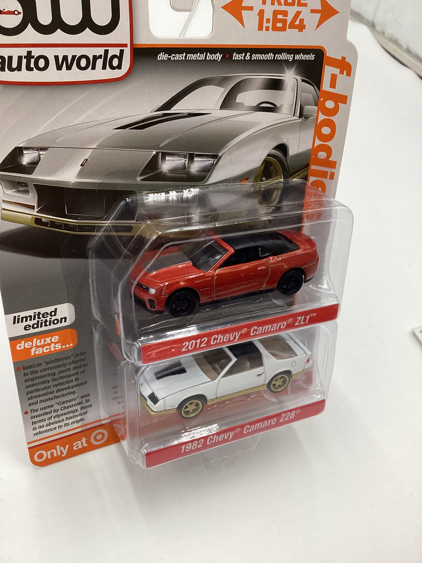 Auto World 2 Pack Target Exclusive F-Bodies Release 2 Version B 2012 Chevy Camaro ZL1 Dark Orange 1982 Chevy Camaro Z28 White 184D