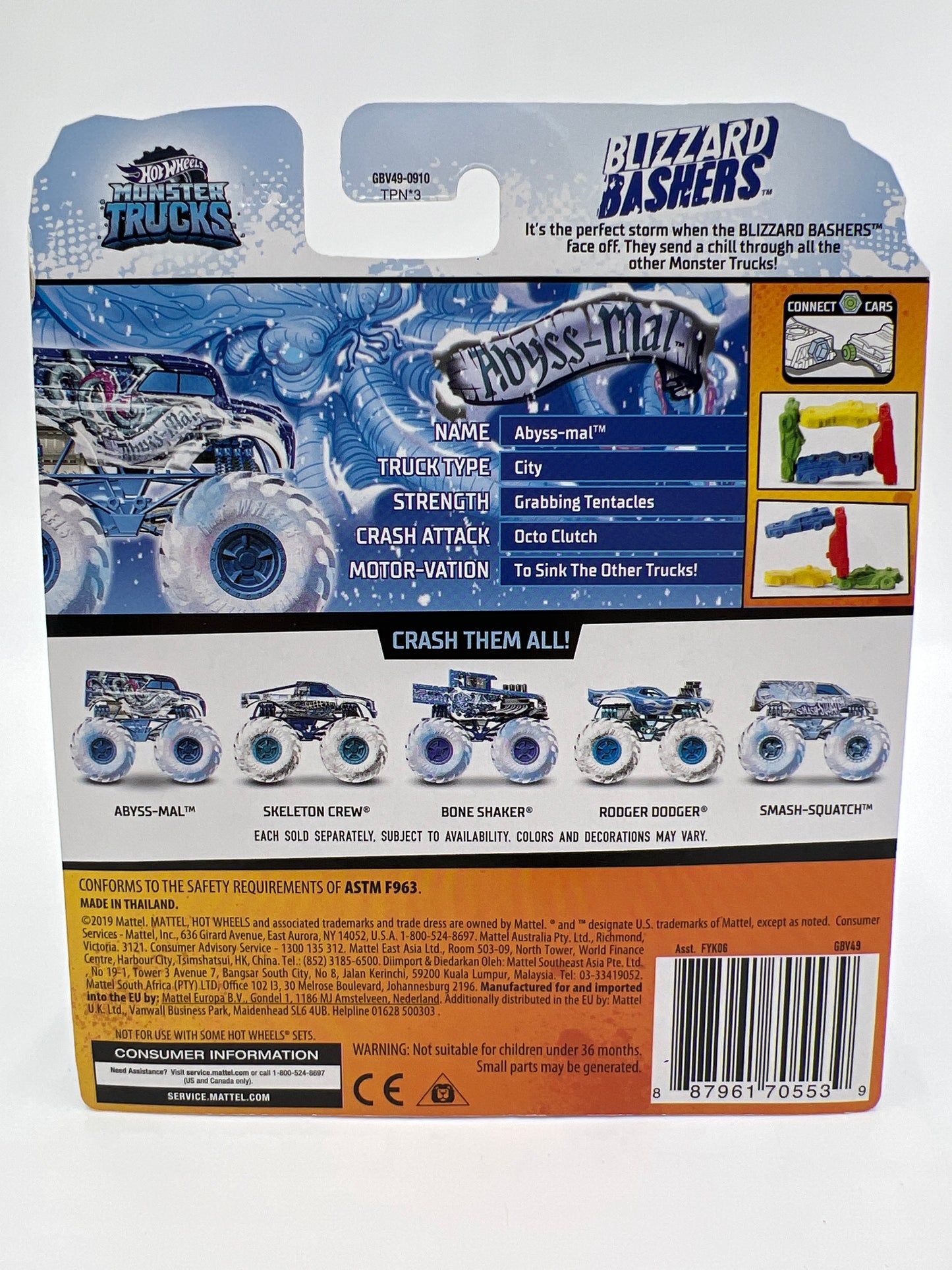 Hot Wheels Monster Trucks Blizzard Bashers Abyss-Mal W/Protector